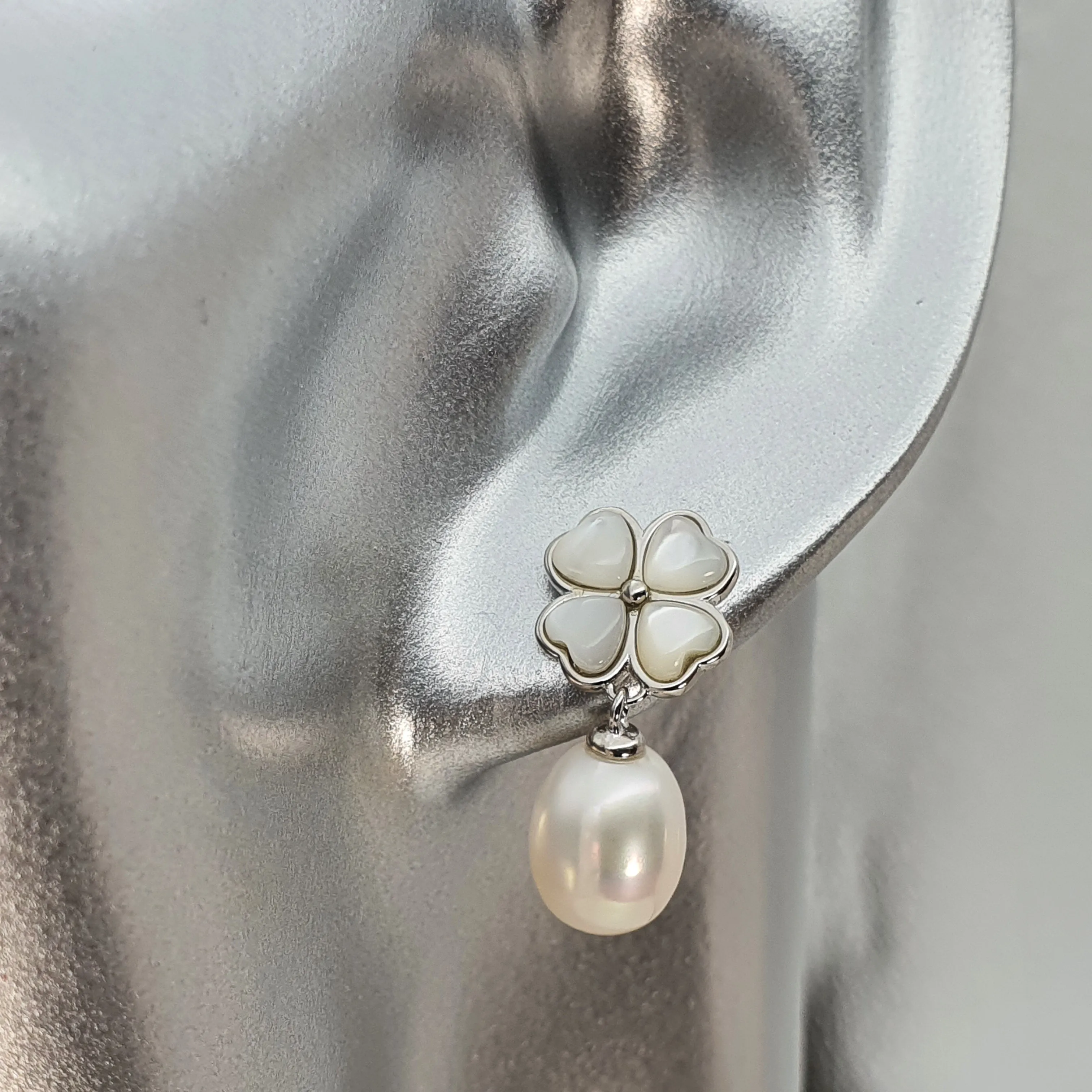 Floral Mother Of Pearl & Drop Pearl Earrings, Sterling Silver