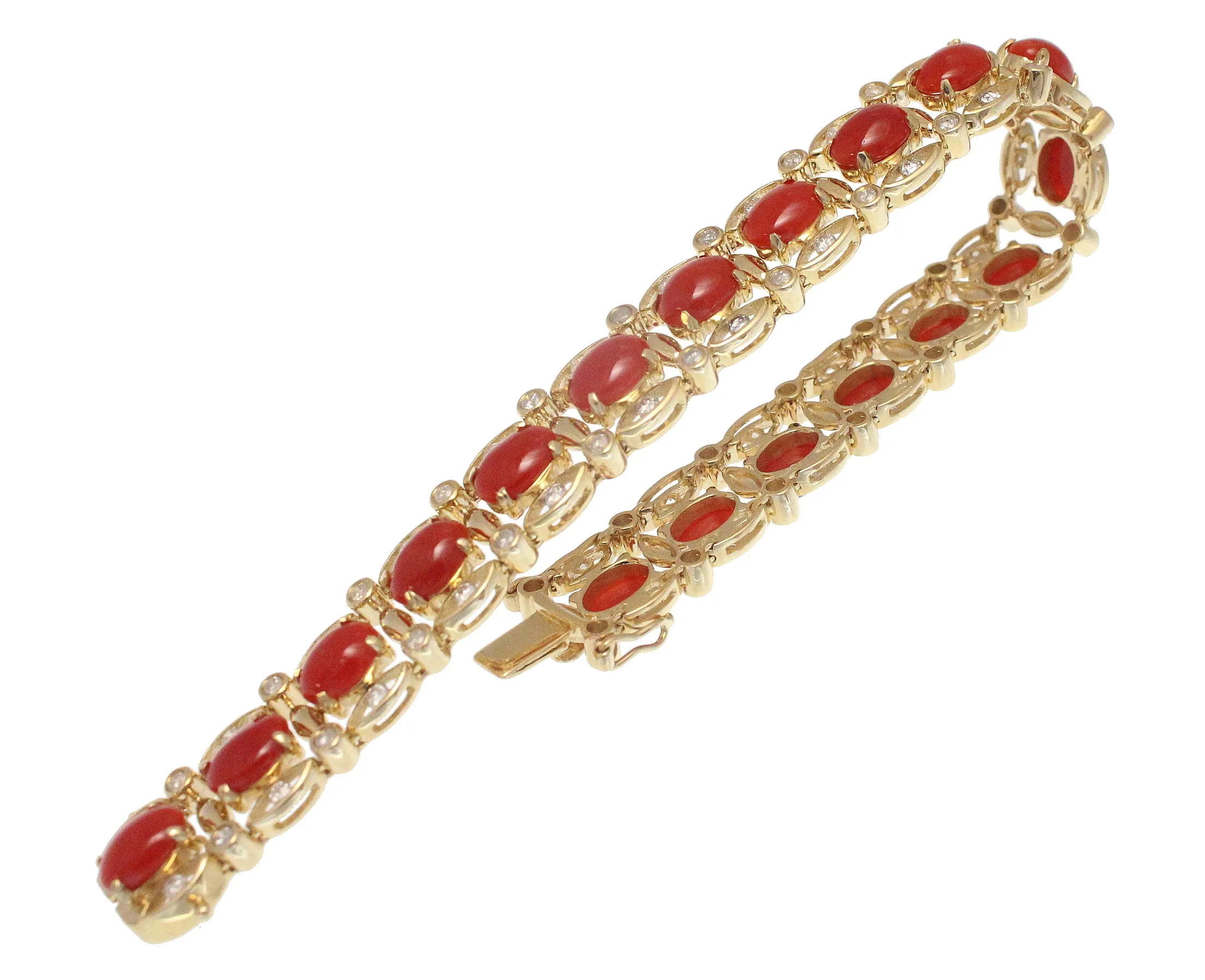 GENUINE NATURAL CABOCHON RED CORAL DIAMOND BRACELET 14K YELLOW GOLD 6 5/8 INCH