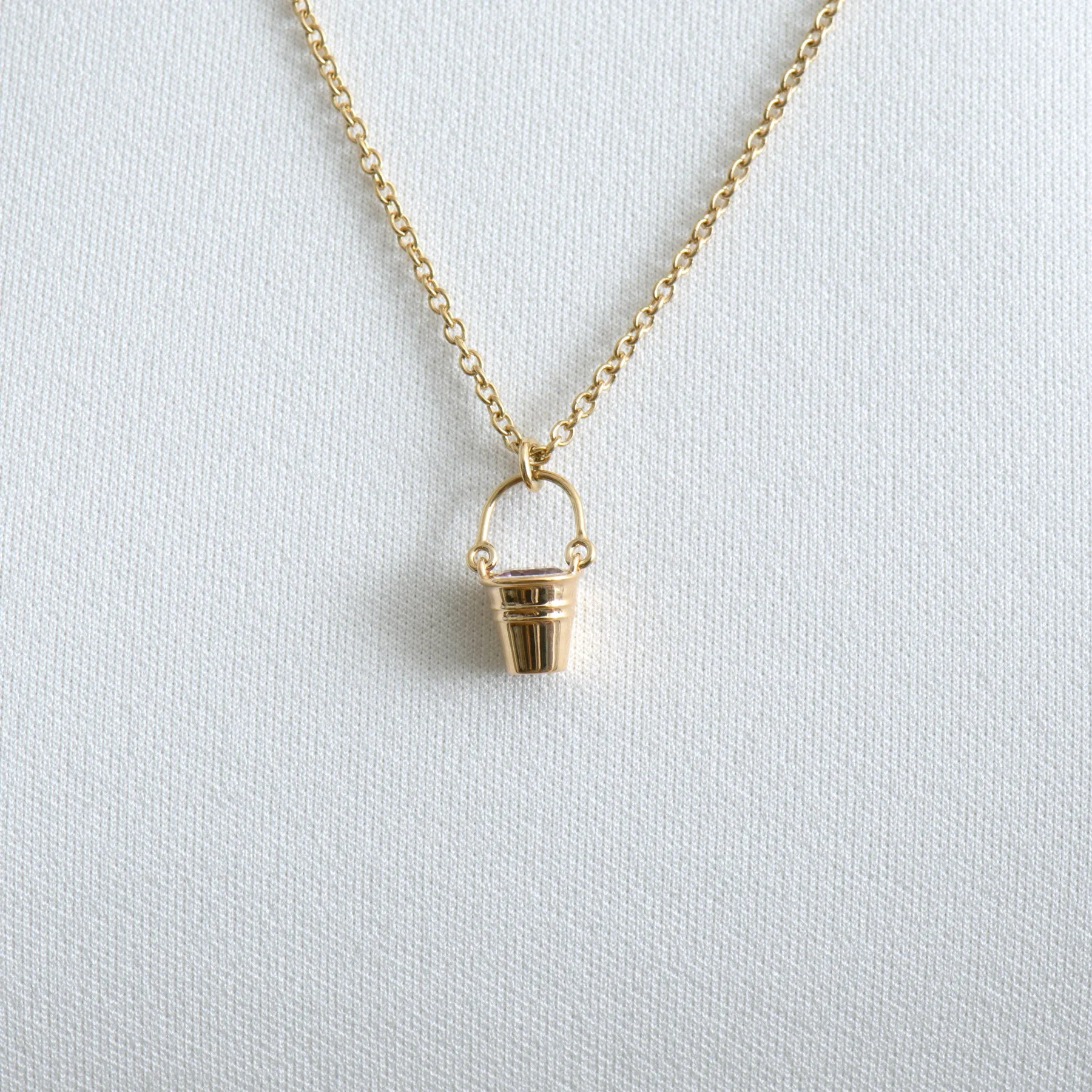 Gold Bucket Pendant Necklace with Sapphire