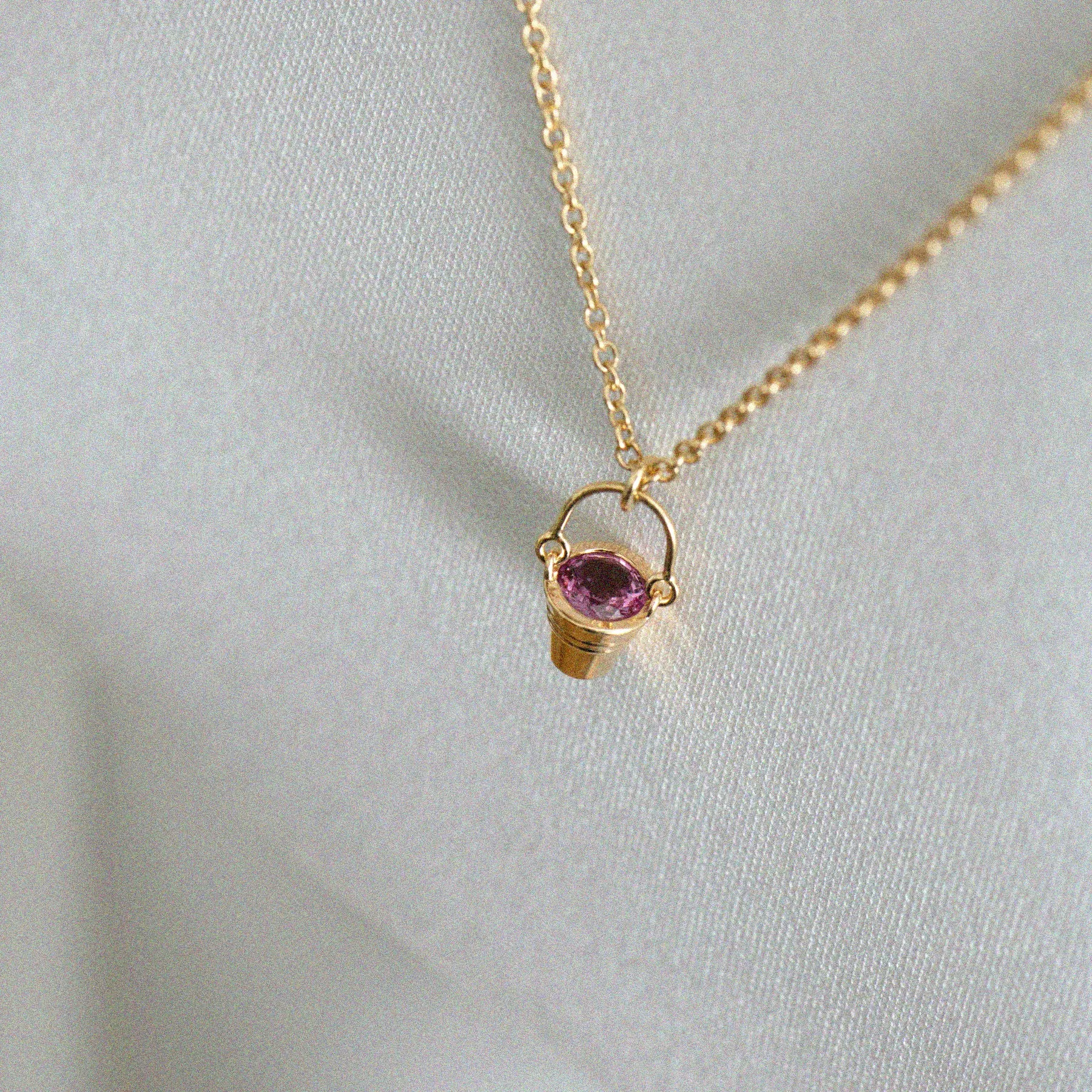 Gold Bucket Pendant Necklace with Sapphire