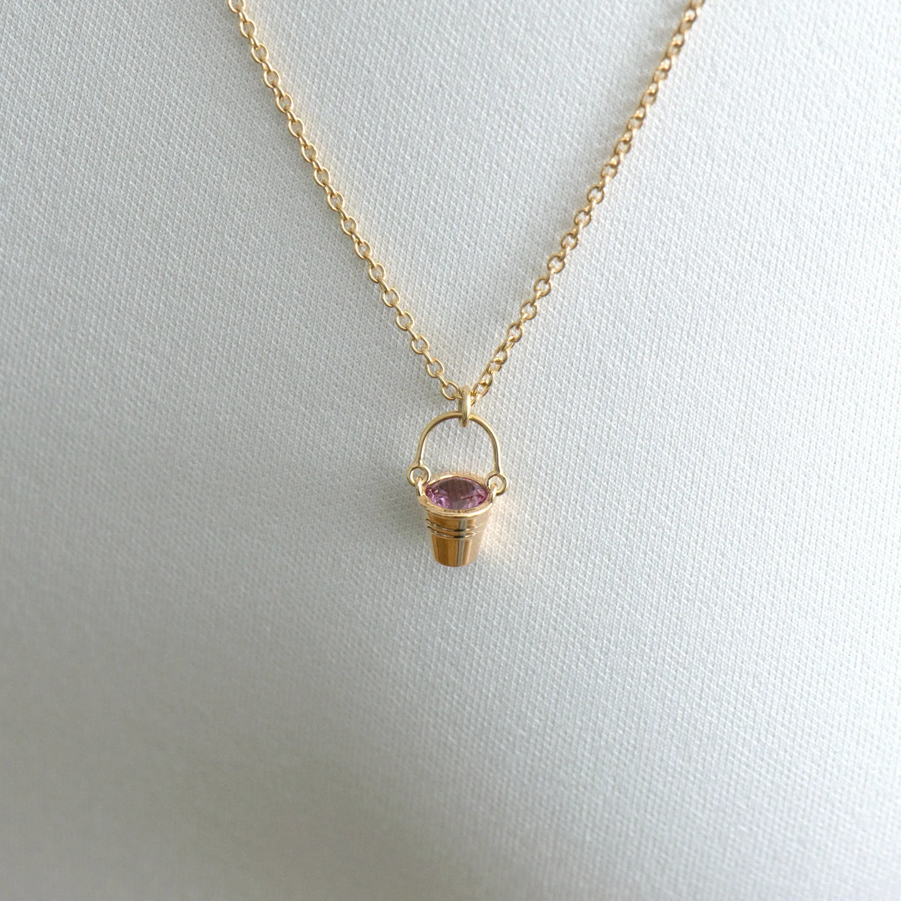 Gold Bucket Pendant Necklace with Sapphire