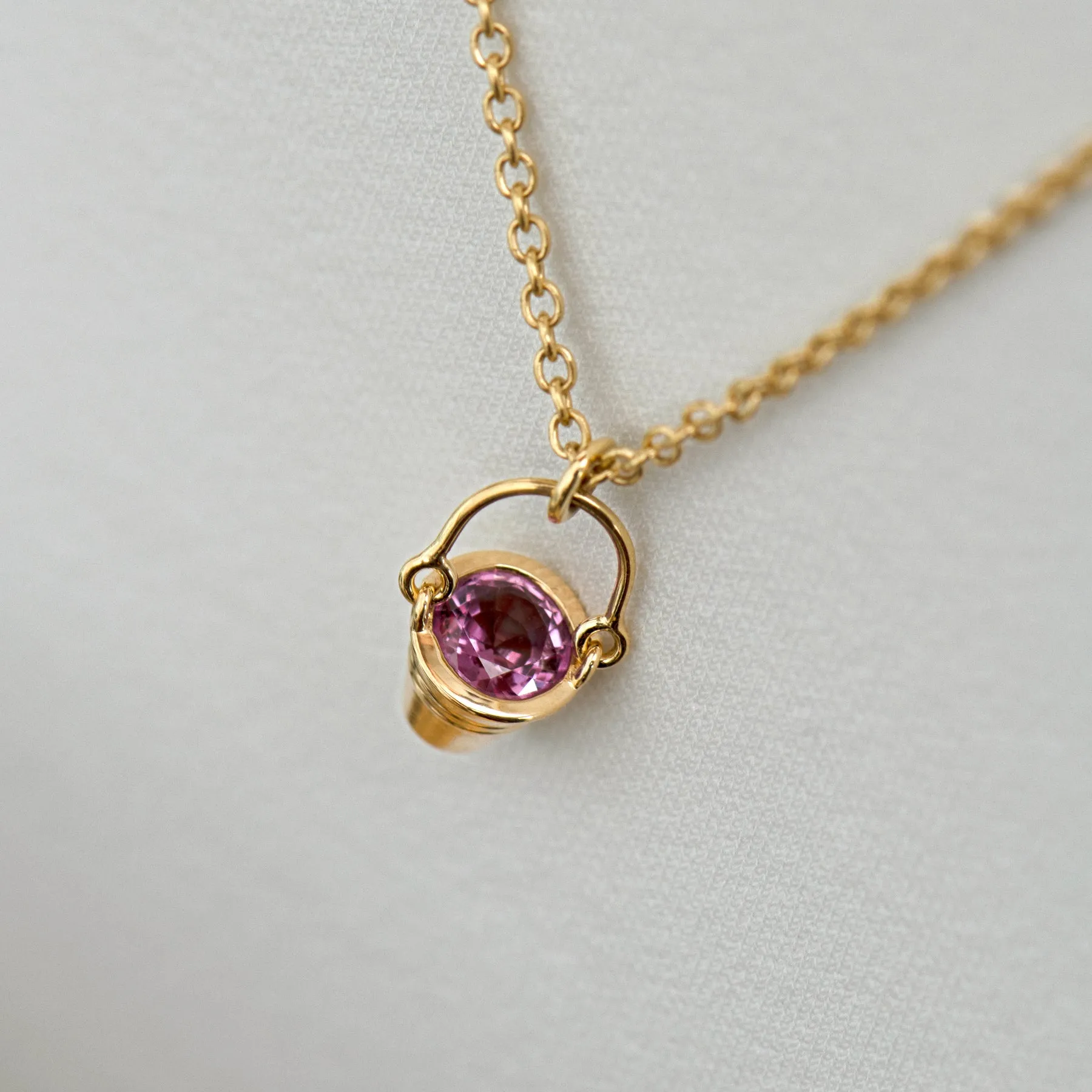 Gold Bucket Pendant Necklace with Sapphire