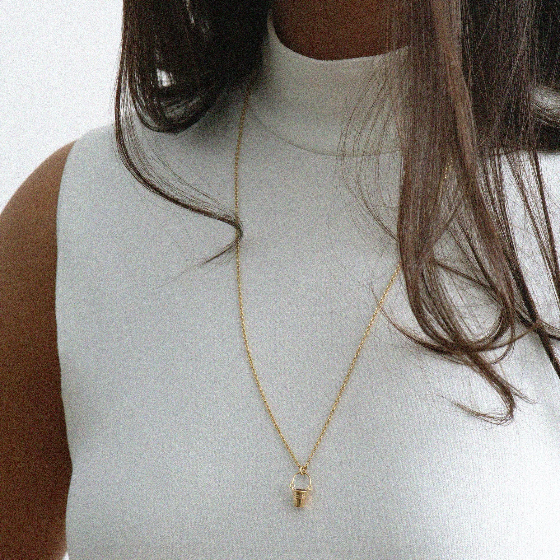 Gold Bucket Pendant Necklace with Sapphire