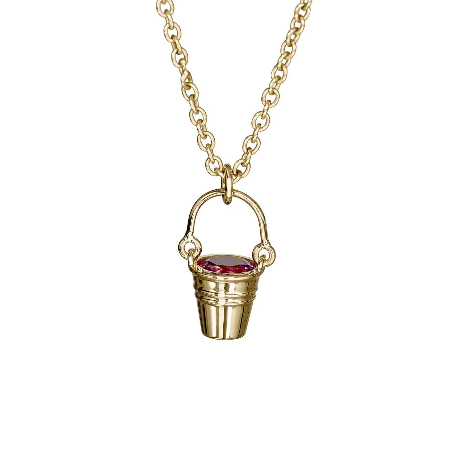 Gold Bucket Pendant Necklace with Sapphire