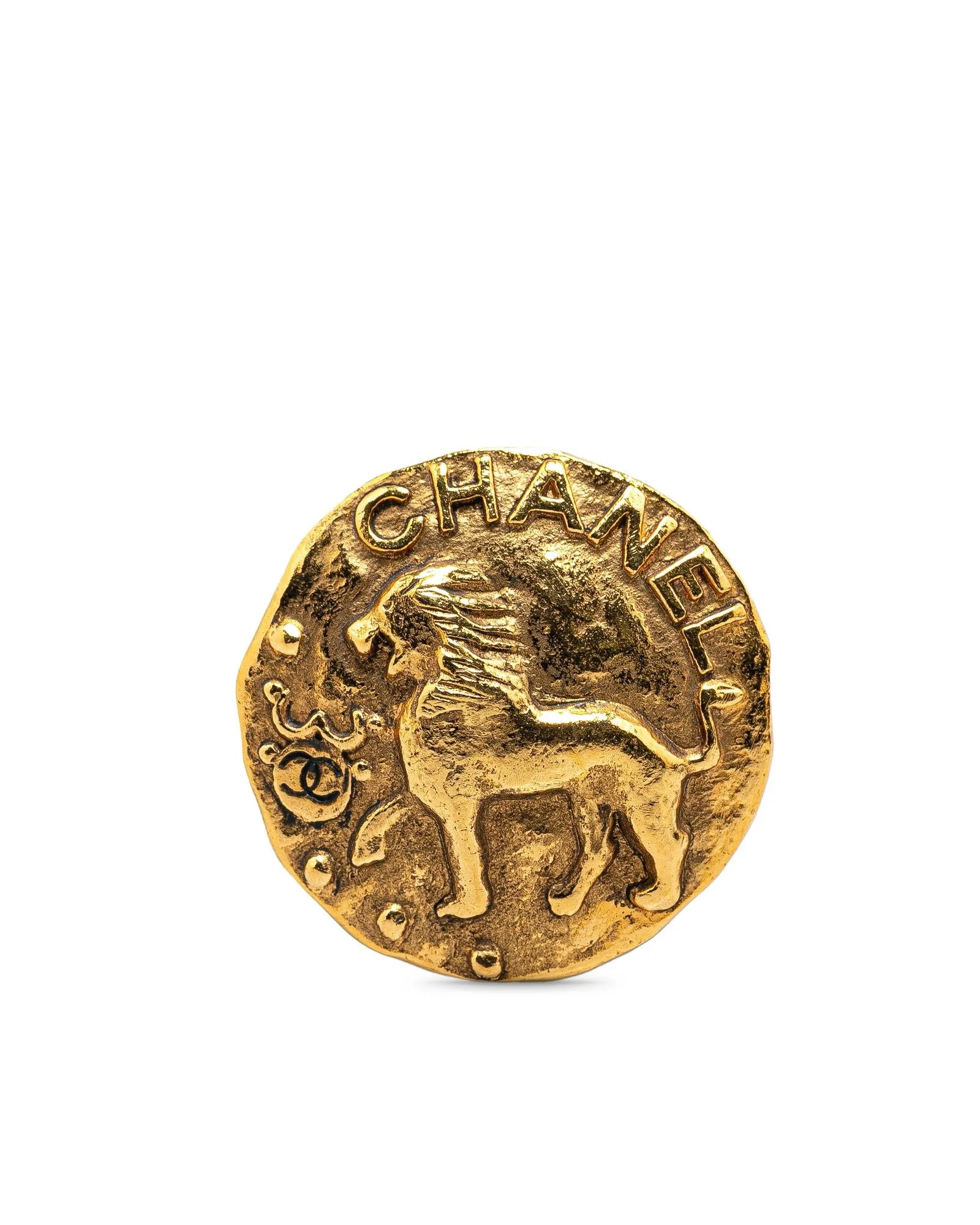 Gold Plated Round Lion Brooch with Back Pin Closure