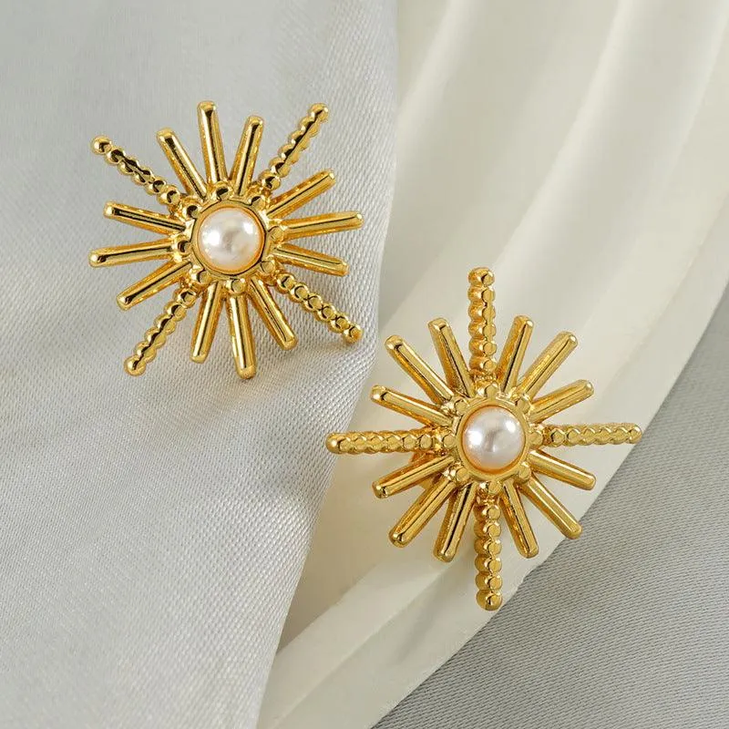 Gold-Plated Sunburst Pearl Stud Earrings – Classic Stainless Steel Earrings