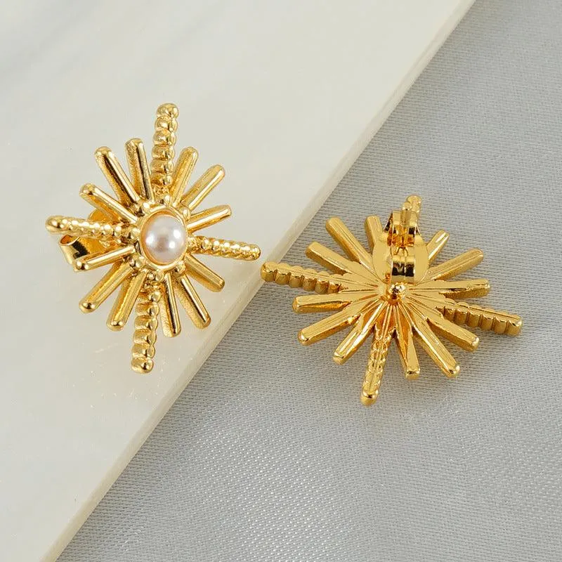 Gold-Plated Sunburst Pearl Stud Earrings – Classic Stainless Steel Earrings