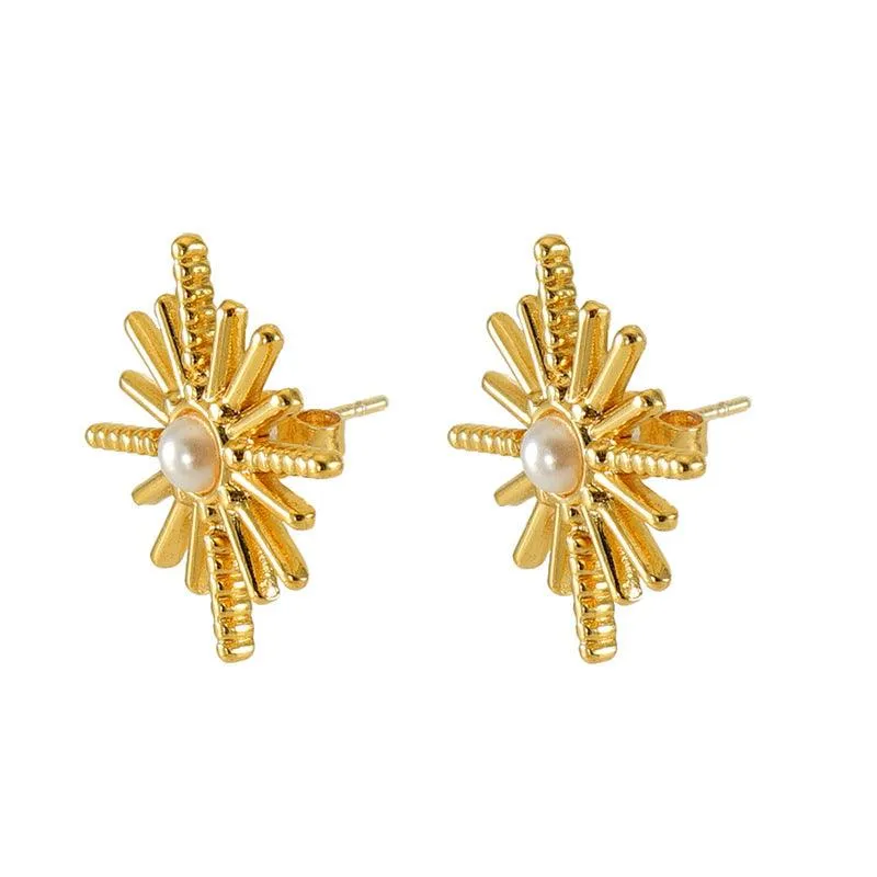 Gold-Plated Sunburst Pearl Stud Earrings – Classic Stainless Steel Earrings