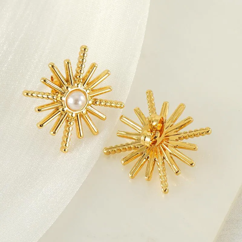 Gold-Plated Sunburst Pearl Stud Earrings – Classic Stainless Steel Earrings