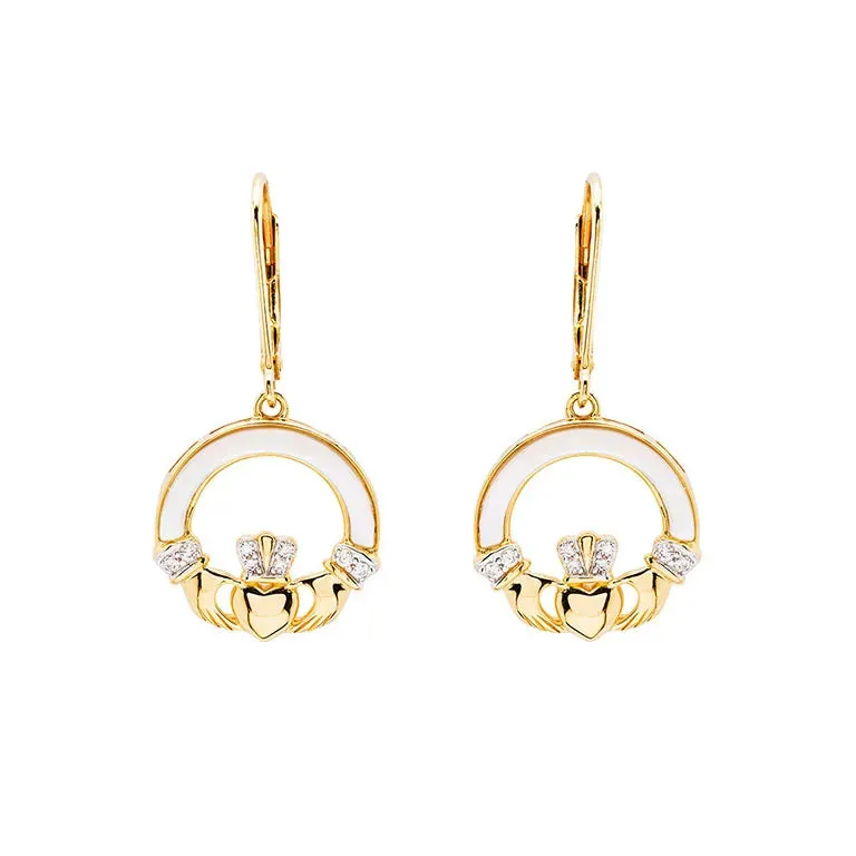 Gold Vermeil Mother of Pearl Claddagh Earrings