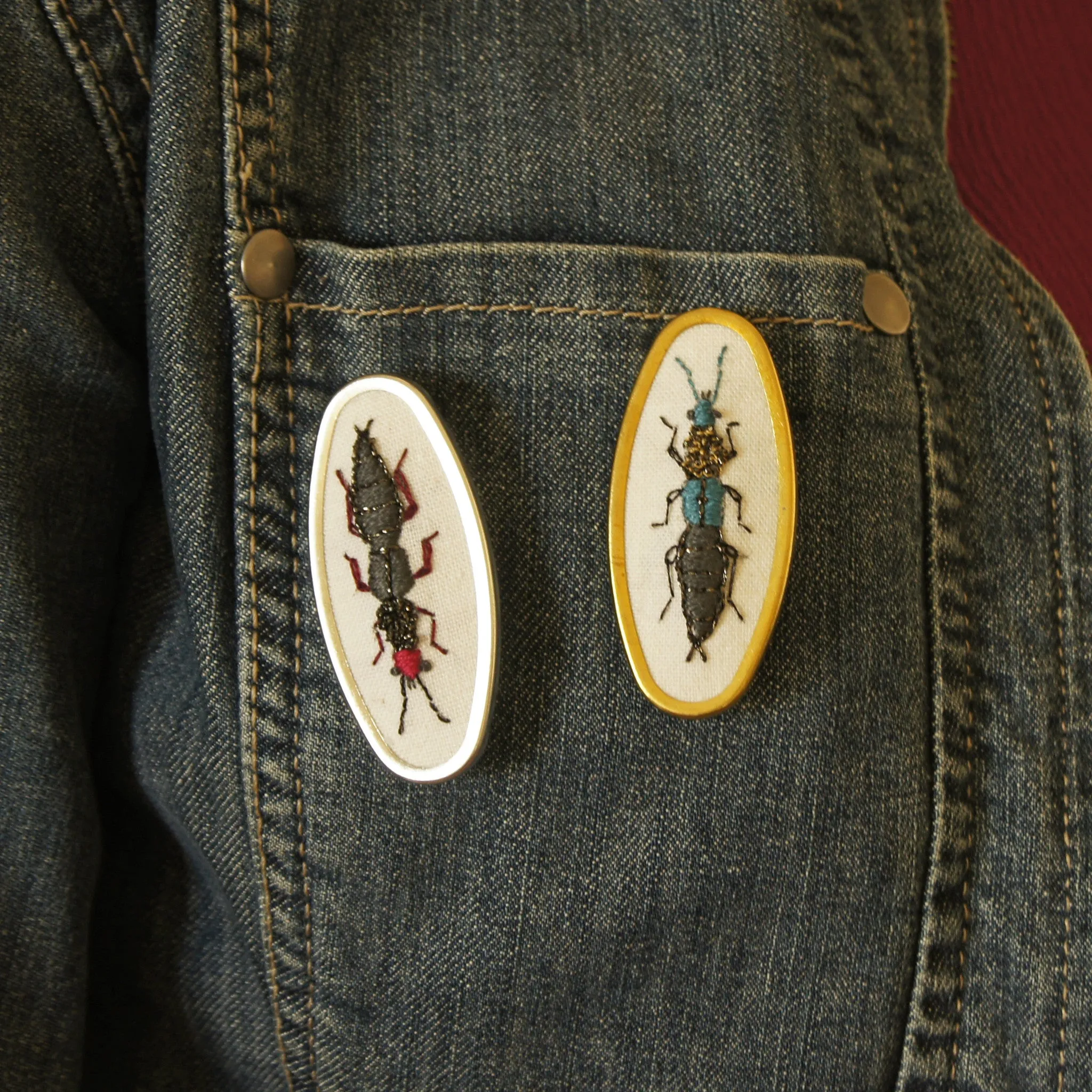 Hand Embroidered Rove Beetle Brooch Entomology Jewelry