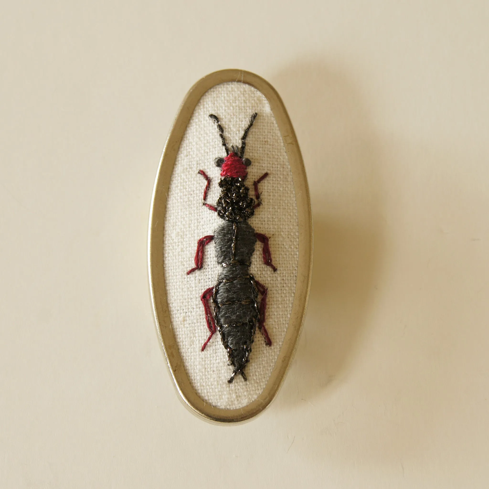 Hand Embroidered Rove Beetle Brooch Entomology Jewelry