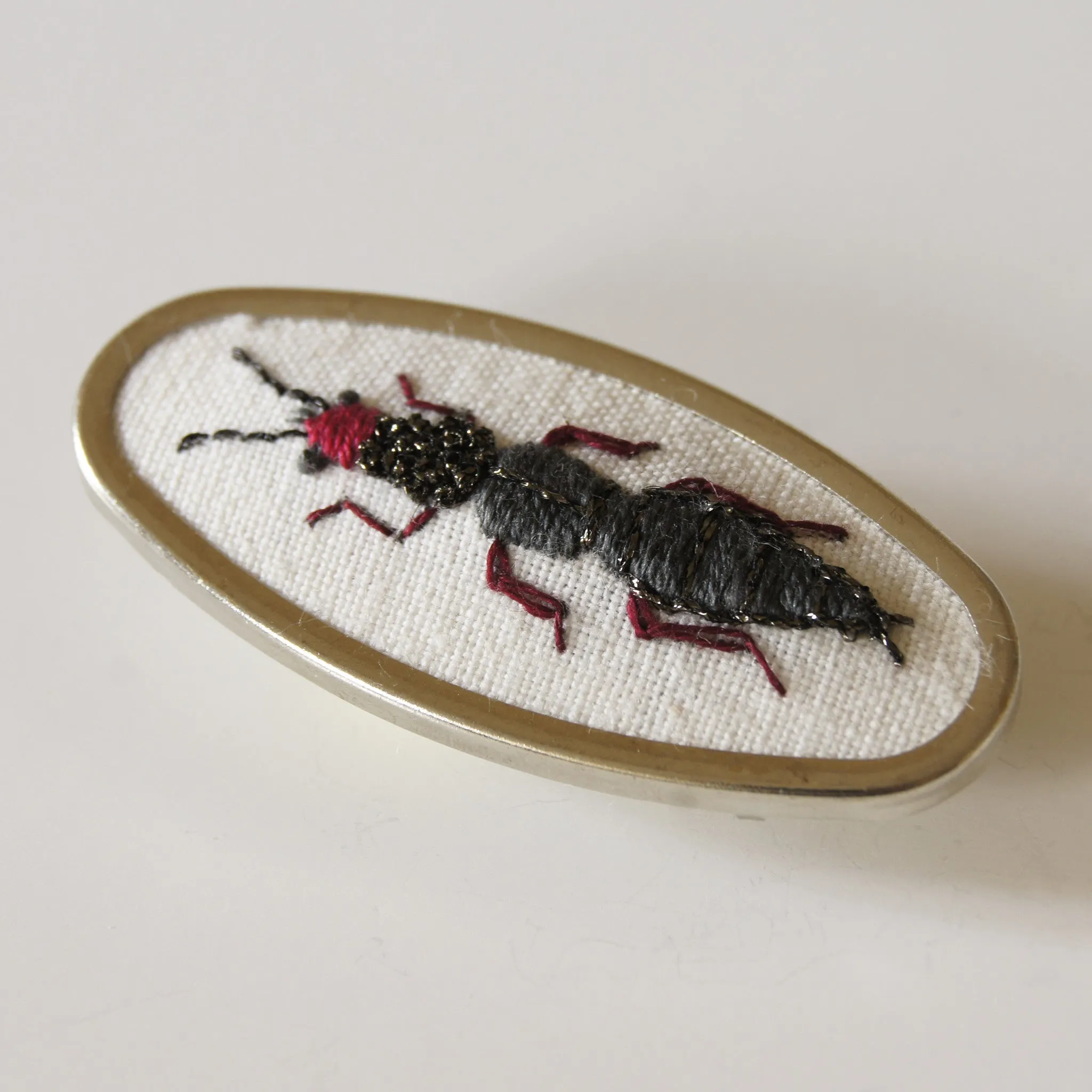 Hand Embroidered Rove Beetle Brooch Entomology Jewelry