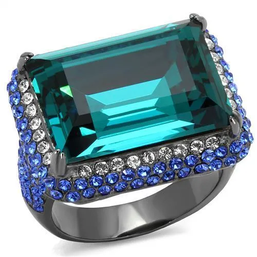 IP Light Black (IP Gun) Stainless Steel Ring with Top Grade Crystal in Blue Zircon for Women Style TK2811