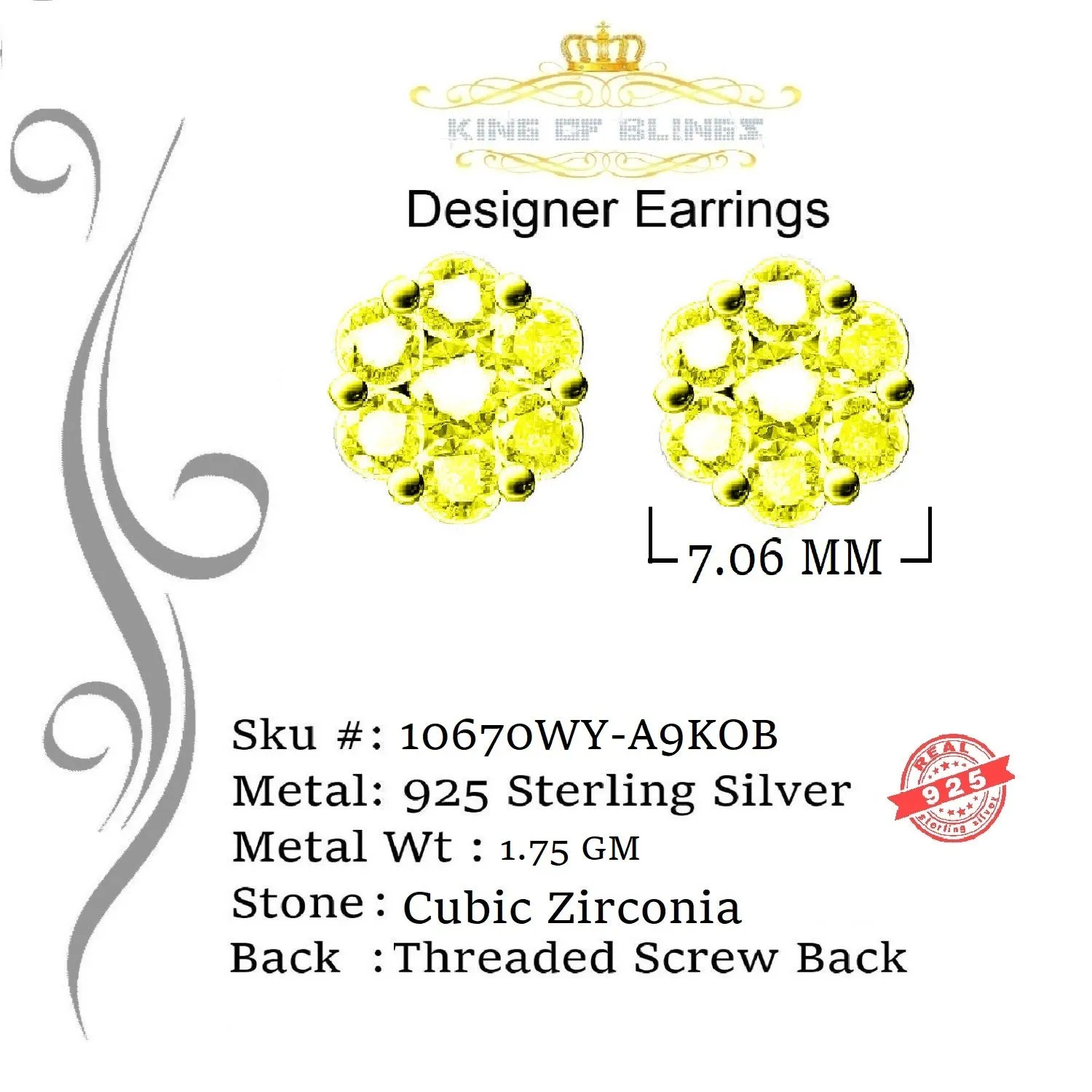 King of Blings- 925 White Silver Sterling 2.06ct Cubic Zirconia Hip Hop Flower Women's Earrings