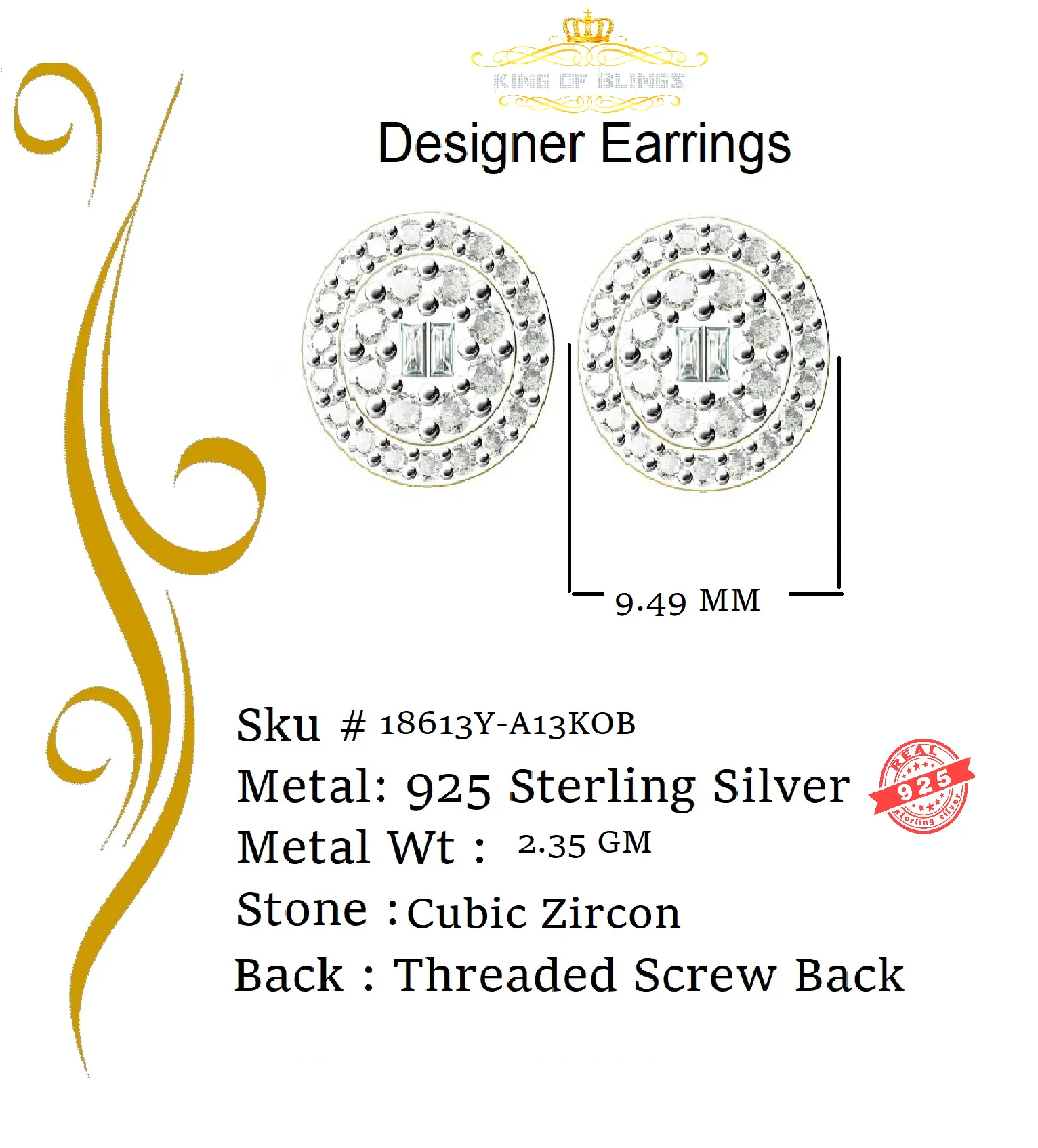 King of Bling's Aretes Para Hombre 925 Yellow Silver 1.86ct Cubic Zirconia Round Women's Earring