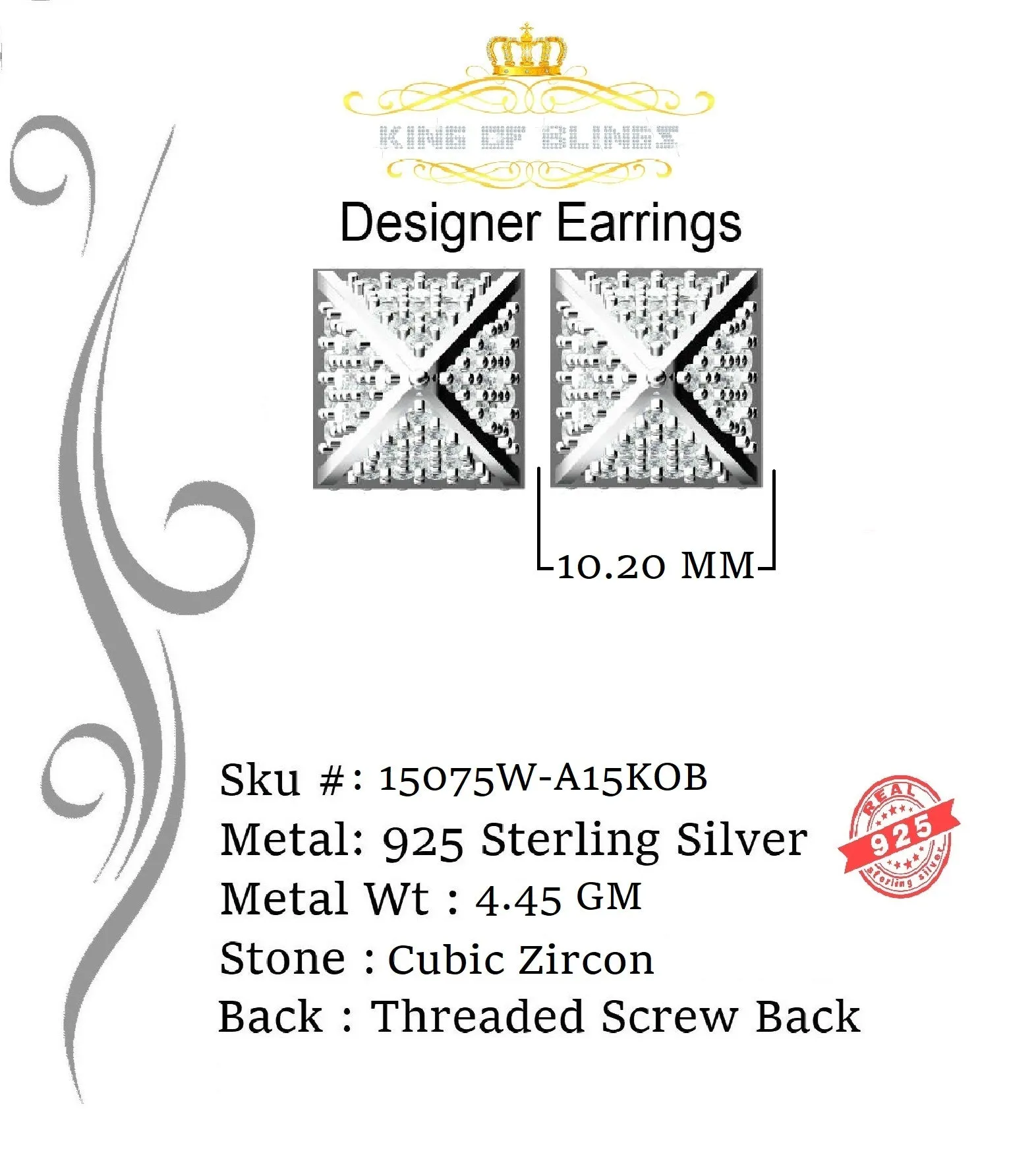 King of Blings- White 925 Silver Screw Back 2.19ct Cubic Zirconia Women Hip Hop Square Earrings