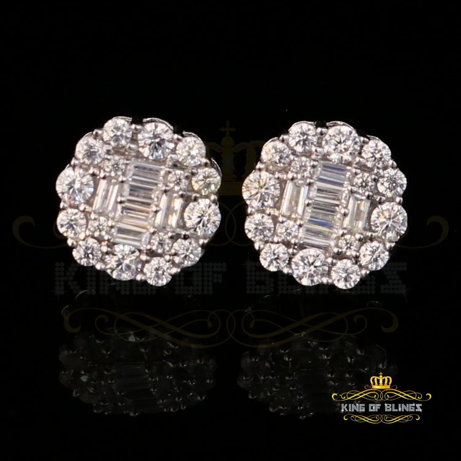 King of Blings White Silver 1.06ct Cubic Zirconia Round Floral Earrings Womens/Mens