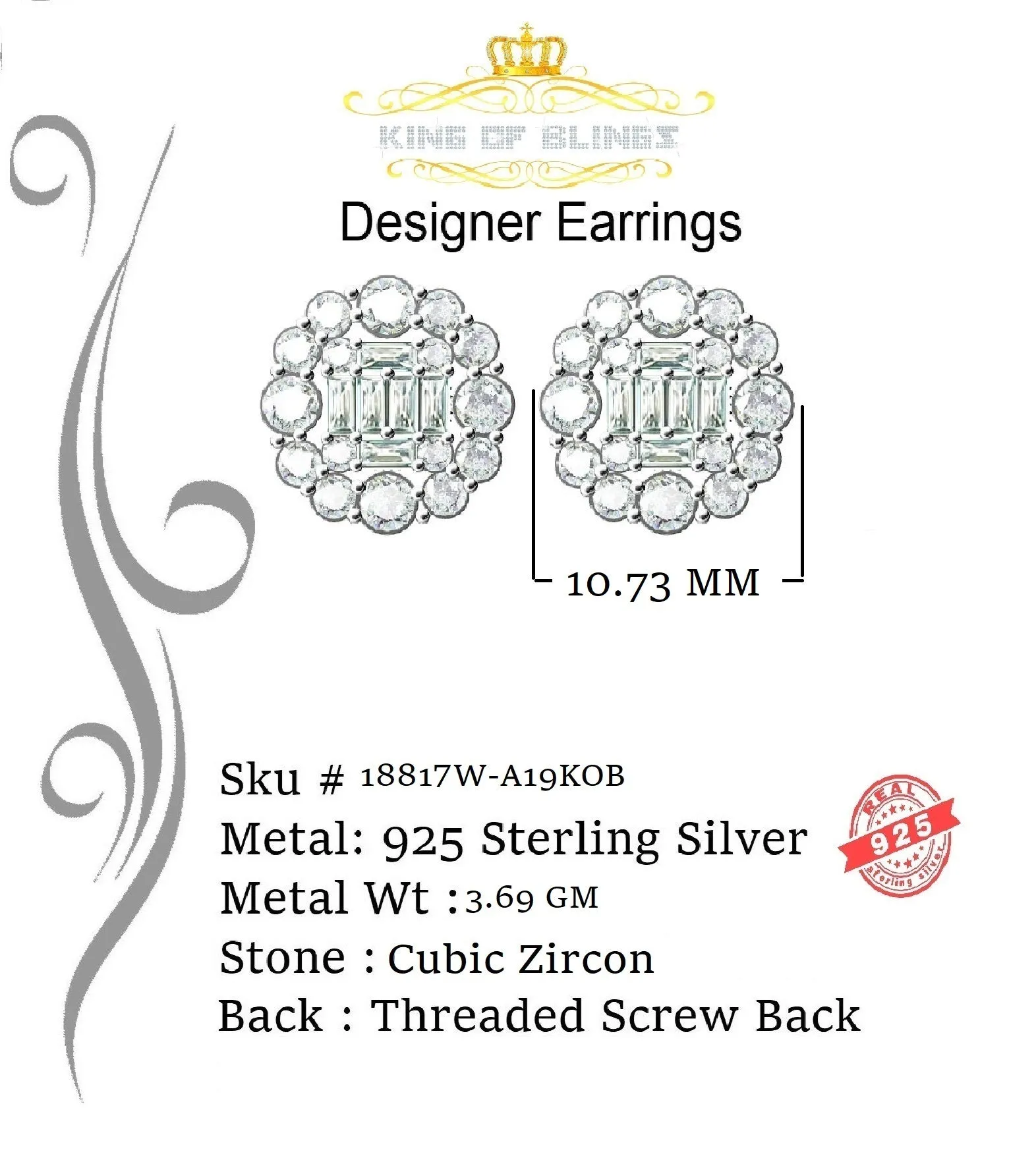 King of Blings White Silver 1.06ct Cubic Zirconia Round Floral Earrings Womens/Mens