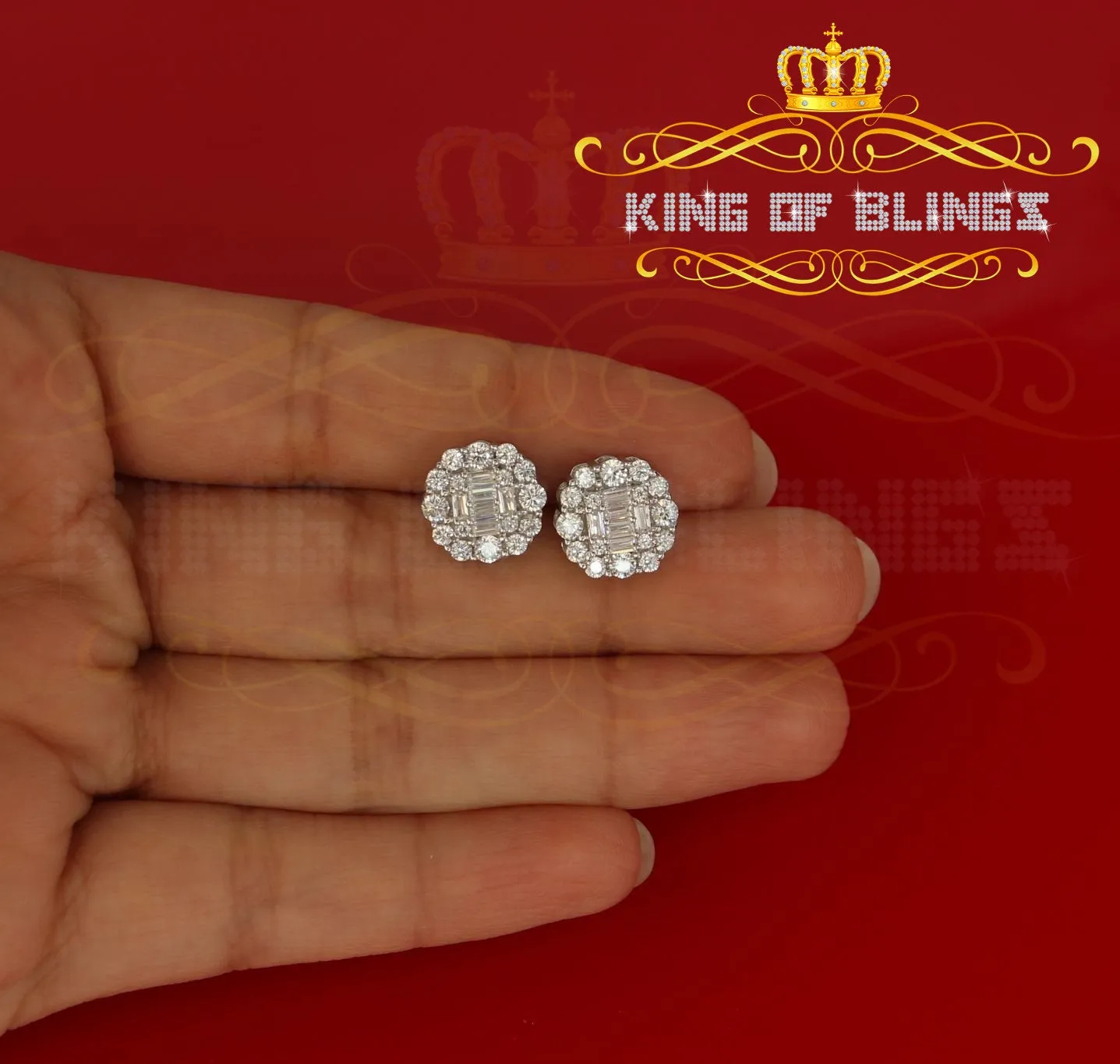 King of Blings White Silver 1.06ct Cubic Zirconia Round Floral Earrings Womens/Mens