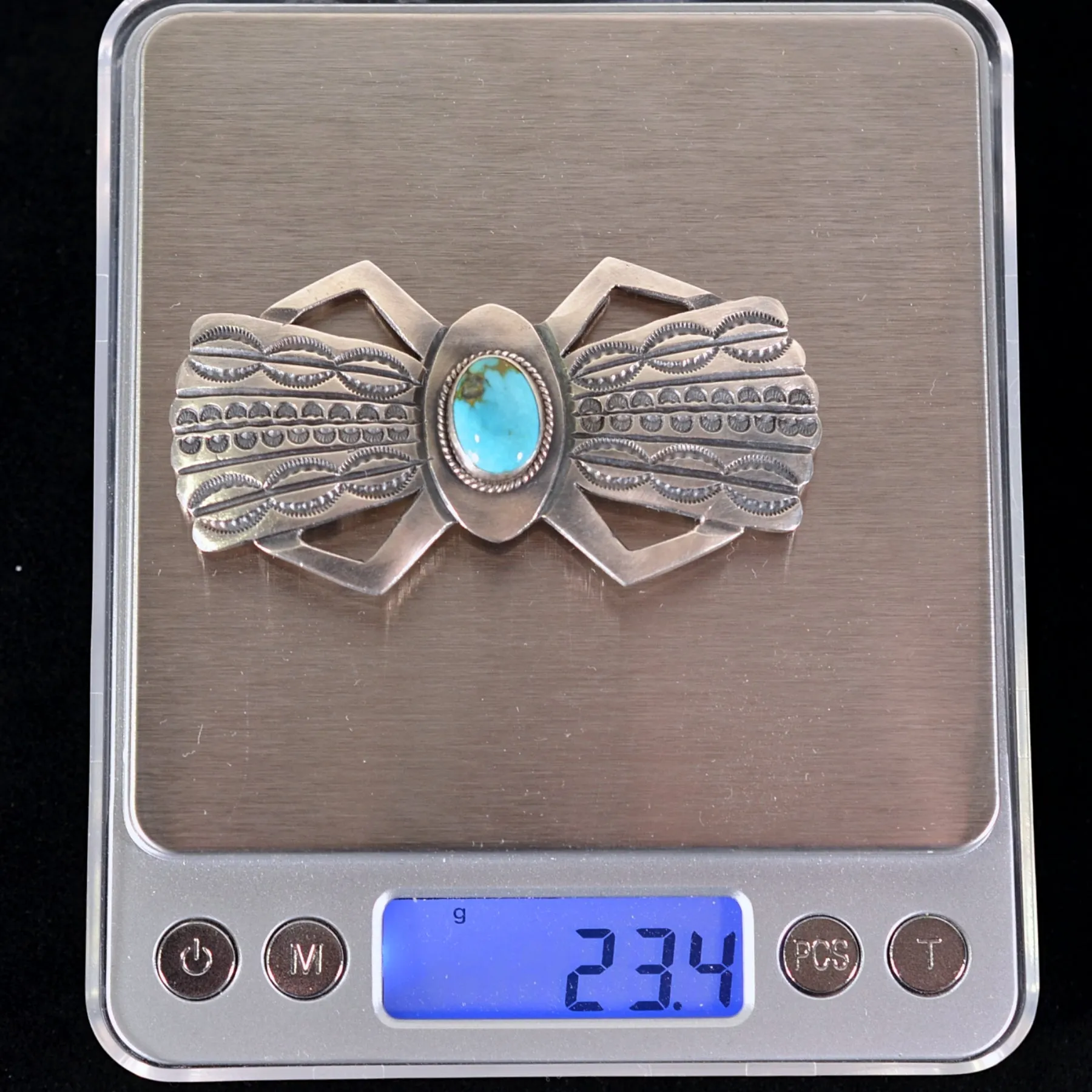 Large Navajo Sterling Silver Turquoise Brooch Pin, MC Martha Cayatineto 23.4 Grams