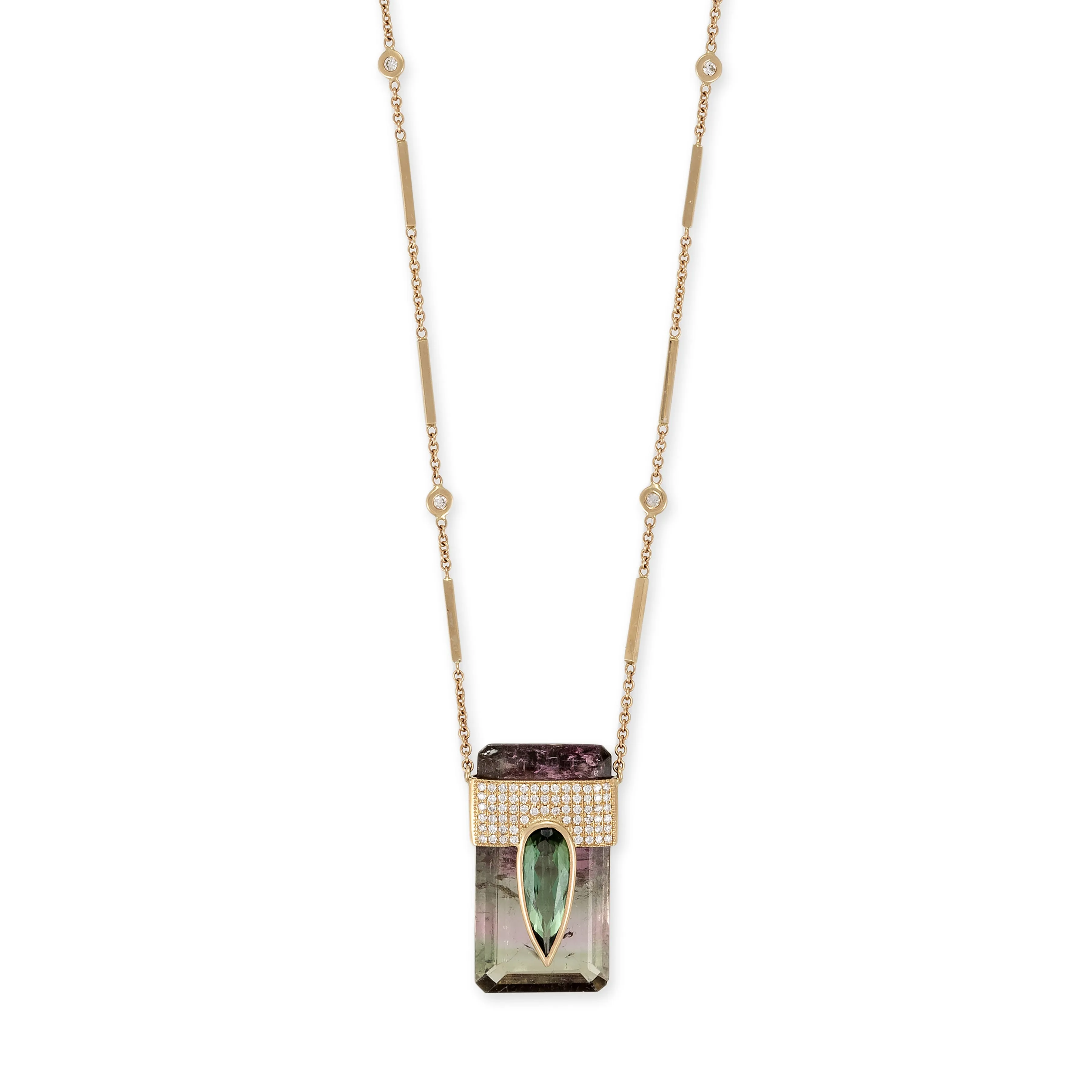 LARGE PAVE GREEN TOURMALINE TEARDROP CAP   WATERMELON TOURMALINE BAGUETTE SMOOTH BAR NECKLACE