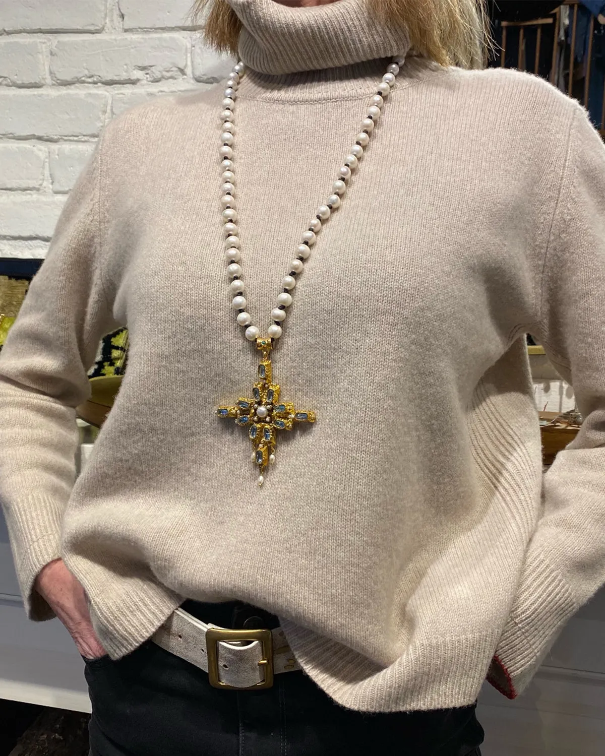 Long Aquamarine & Gold Cross Necklace