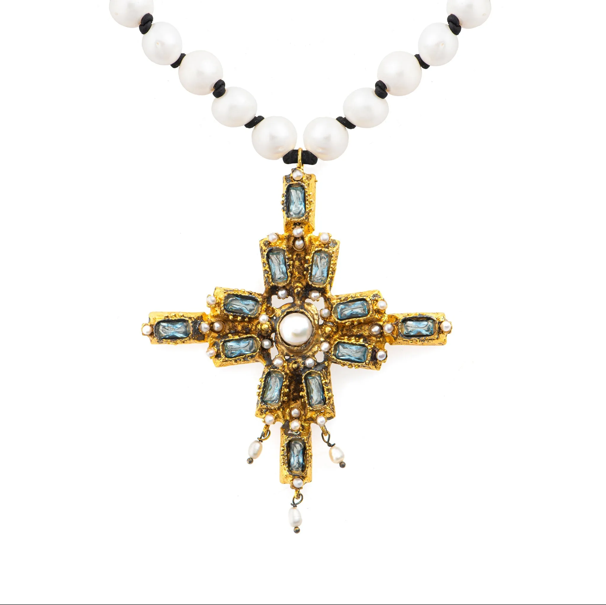 Long Aquamarine & Gold Cross Necklace