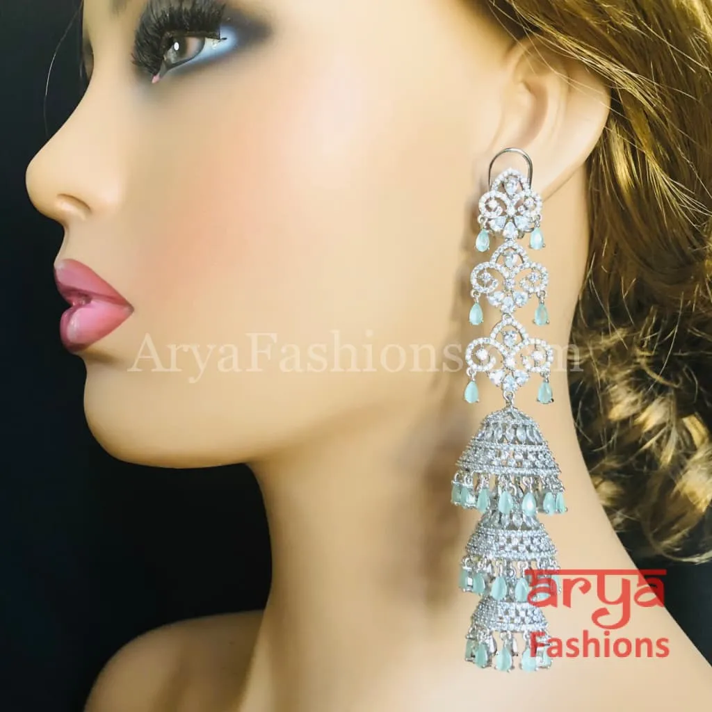 Long Rose Gold Triple Jhumka Earrings / Silver CZ Designer Cocktail Earrings