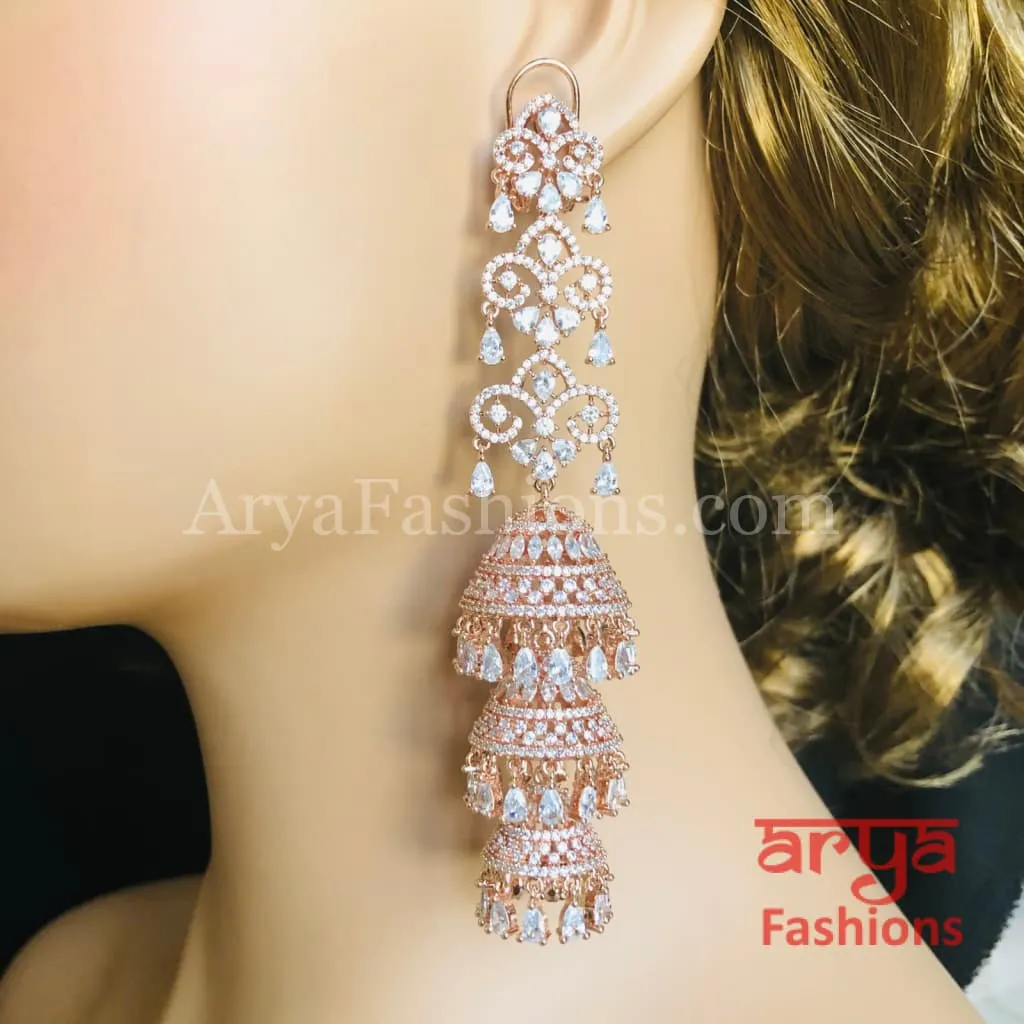 Long Rose Gold Triple Jhumka Earrings / Silver CZ Designer Cocktail Earrings