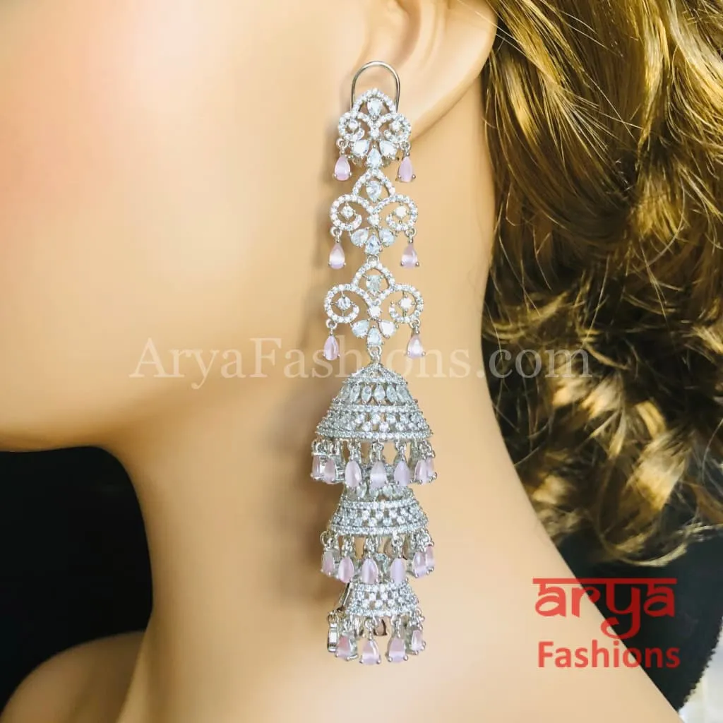 Long Rose Gold Triple Jhumka Earrings / Silver CZ Designer Cocktail Earrings