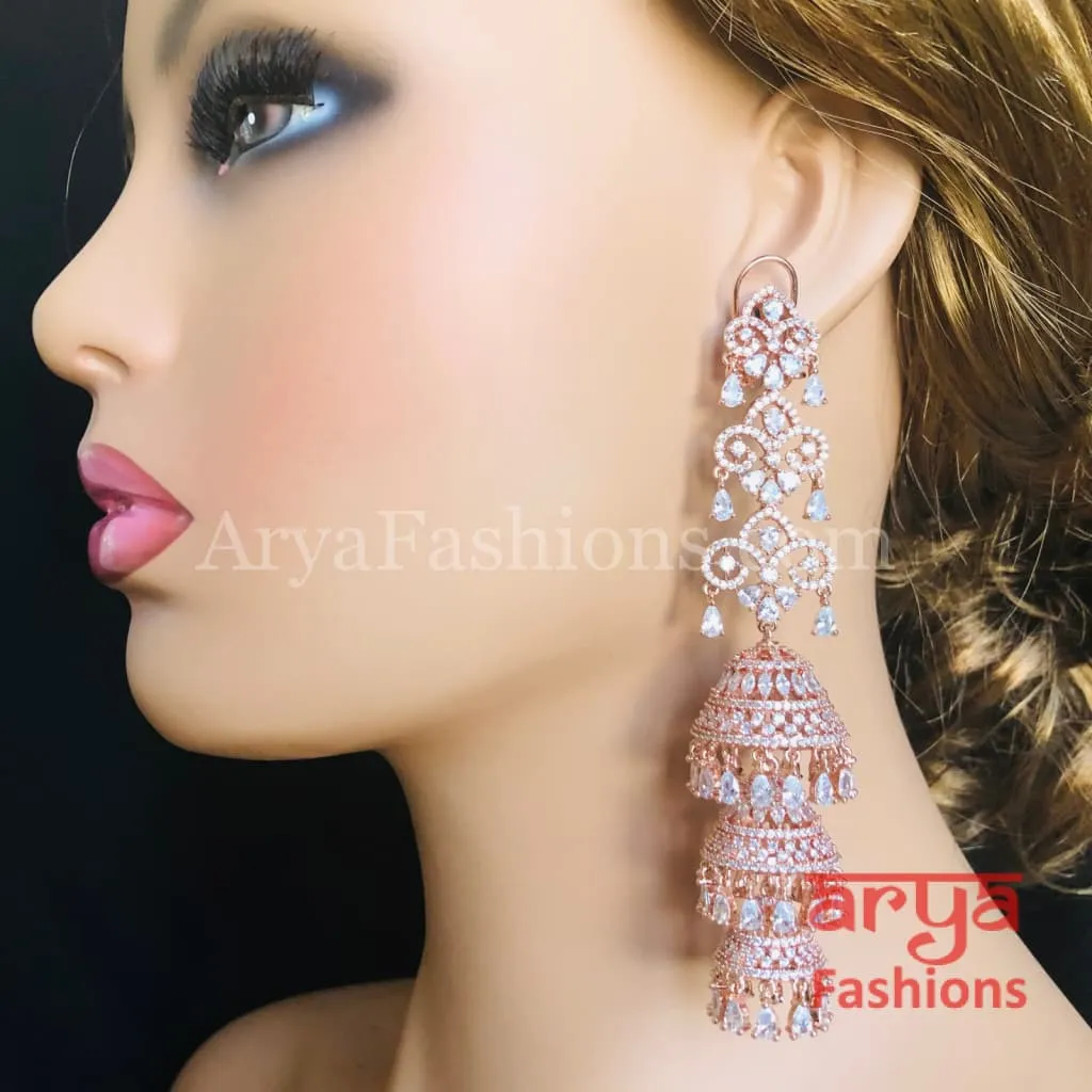 Long Rose Gold Triple Jhumka Earrings / Silver CZ Designer Cocktail Earrings