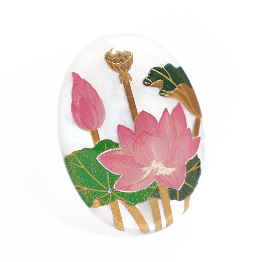 Maki-e Urushi Lacquer Brooch - White South Sea Pearl Shell / Lotus -, Traditional Japanese Urushi Lacquer Jewelry