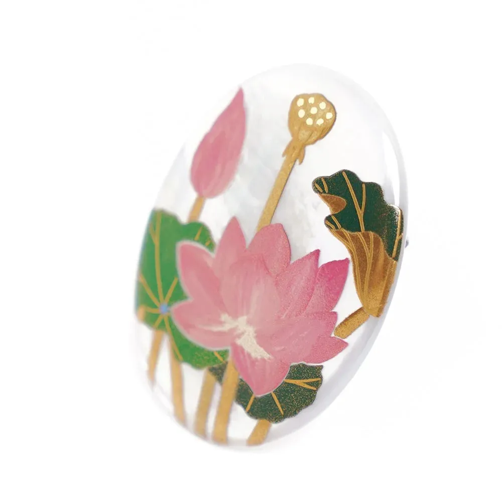 Maki-e Urushi Lacquer Brooch - White South Sea Pearl Shell / Lotus -, Traditional Japanese Urushi Lacquer Jewelry