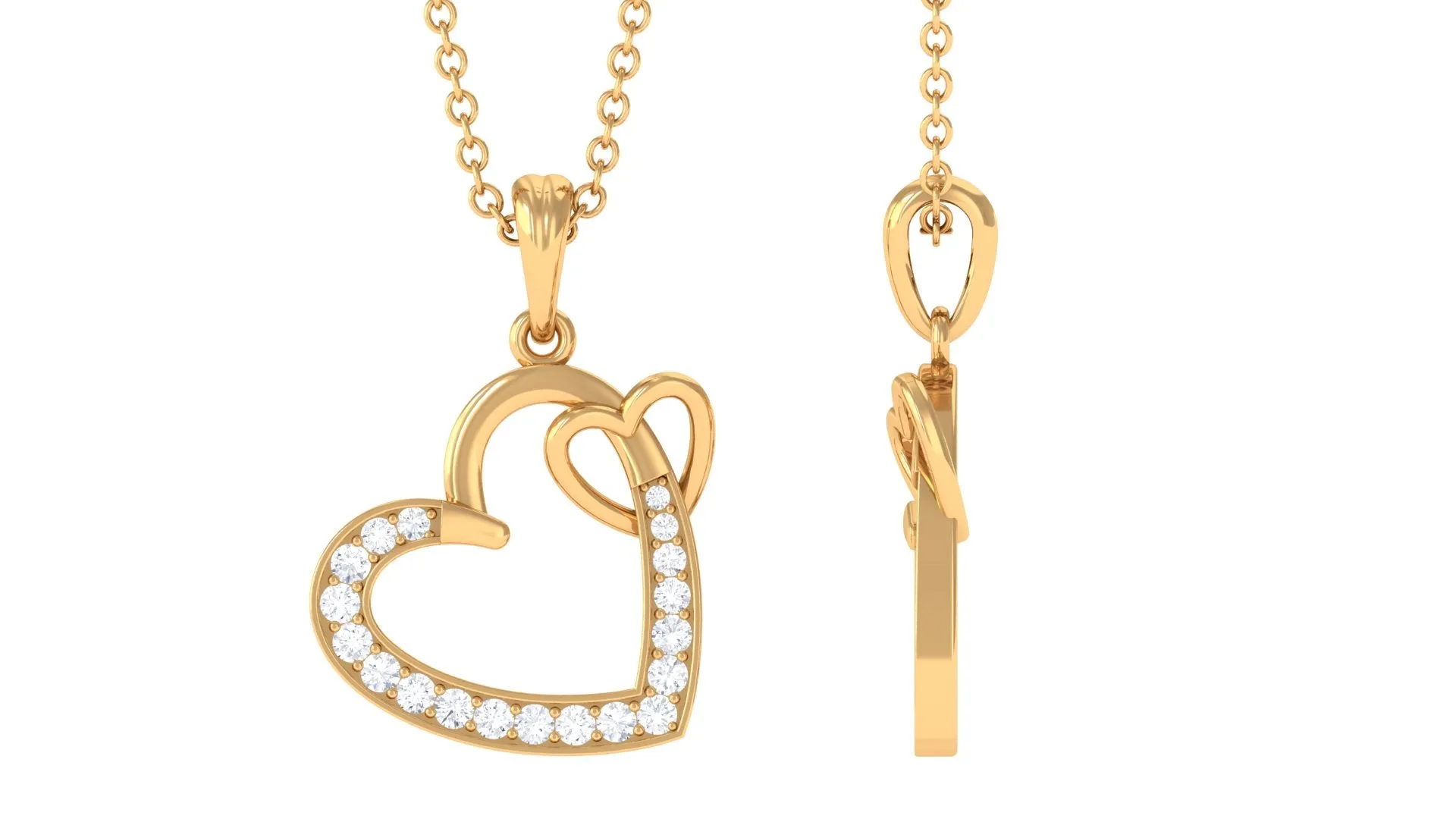 Natural Diamond Twin Interlocked Heart Pendant Necklace in Gold