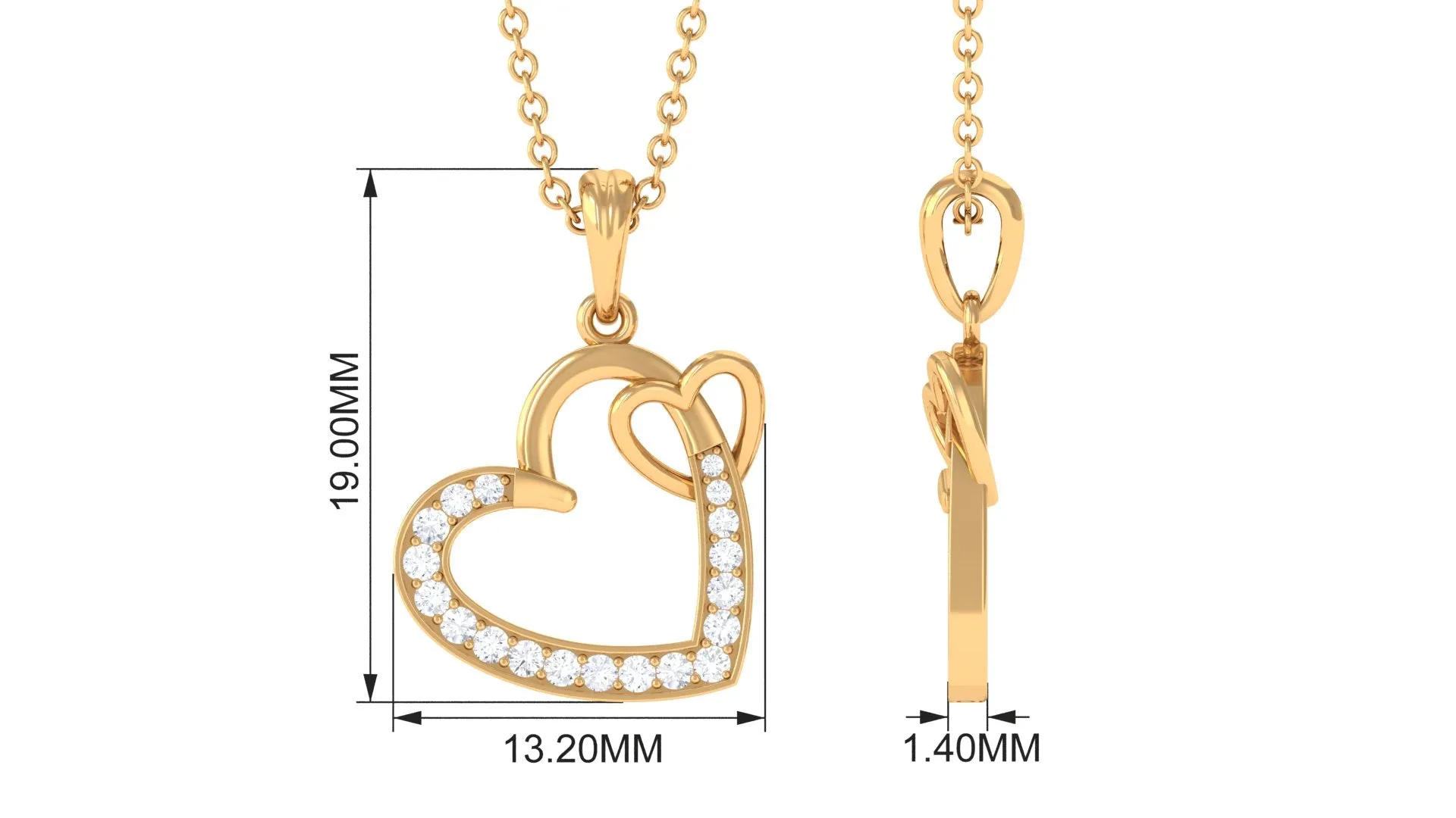 Natural Diamond Twin Interlocked Heart Pendant Necklace in Gold