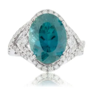 Oval Shaped Blue Zircon with Diamond Halo & Accented Ring