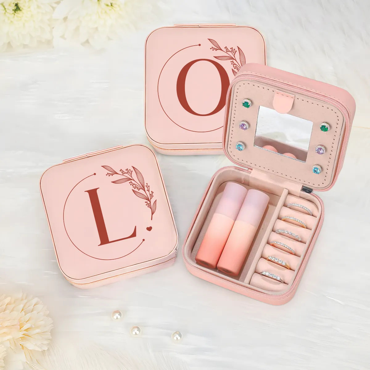 Personalized Jewelry Box, Pink Small Travel Jewelry Box with Initial L, Monogrammed Jewelry Case Organizer for Girls Women Teen, Mini Travel Essentials Gifts for Christmas Birthday