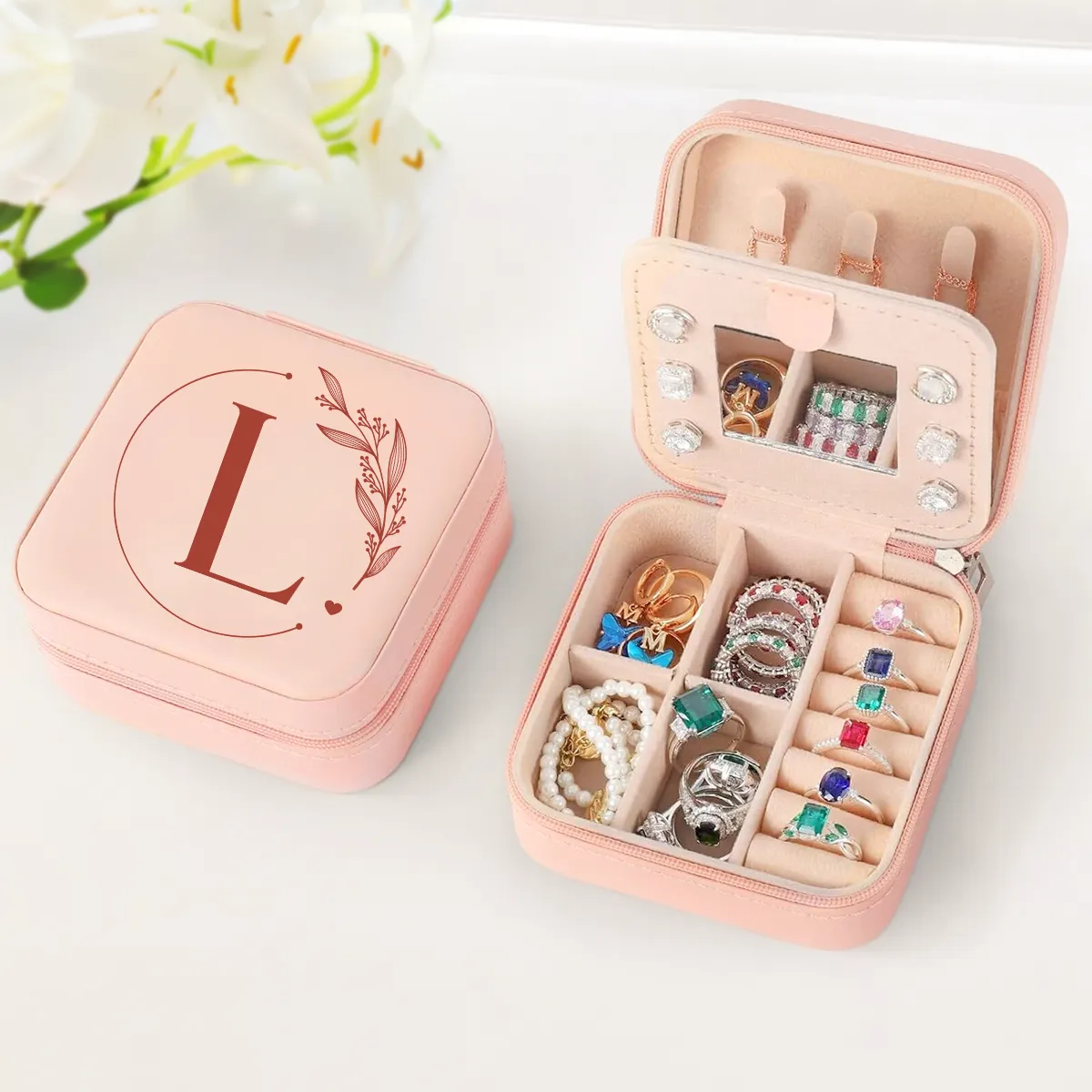 Personalized Jewelry Box, Pink Small Travel Jewelry Box with Initial L, Monogrammed Jewelry Case Organizer for Girls Women Teen, Mini Travel Essentials Gifts for Christmas Birthday