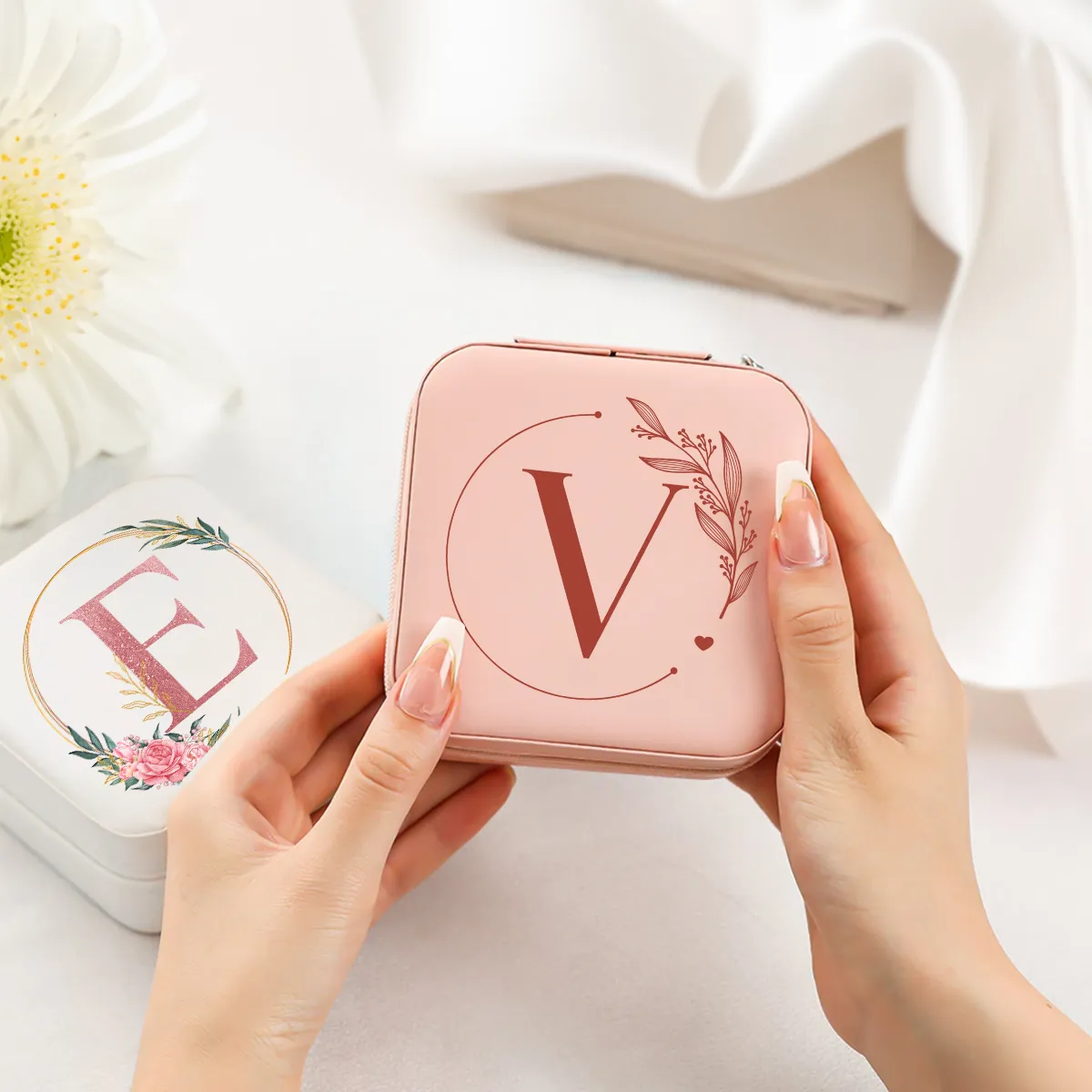 Personalized Jewelry Box, Pink Small Travel Jewelry Box with Initial V, Monogrammed Jewelry Case Organizer for Girls Women Teen, Mini Travel Essentials Gifts for Christmas Birthday