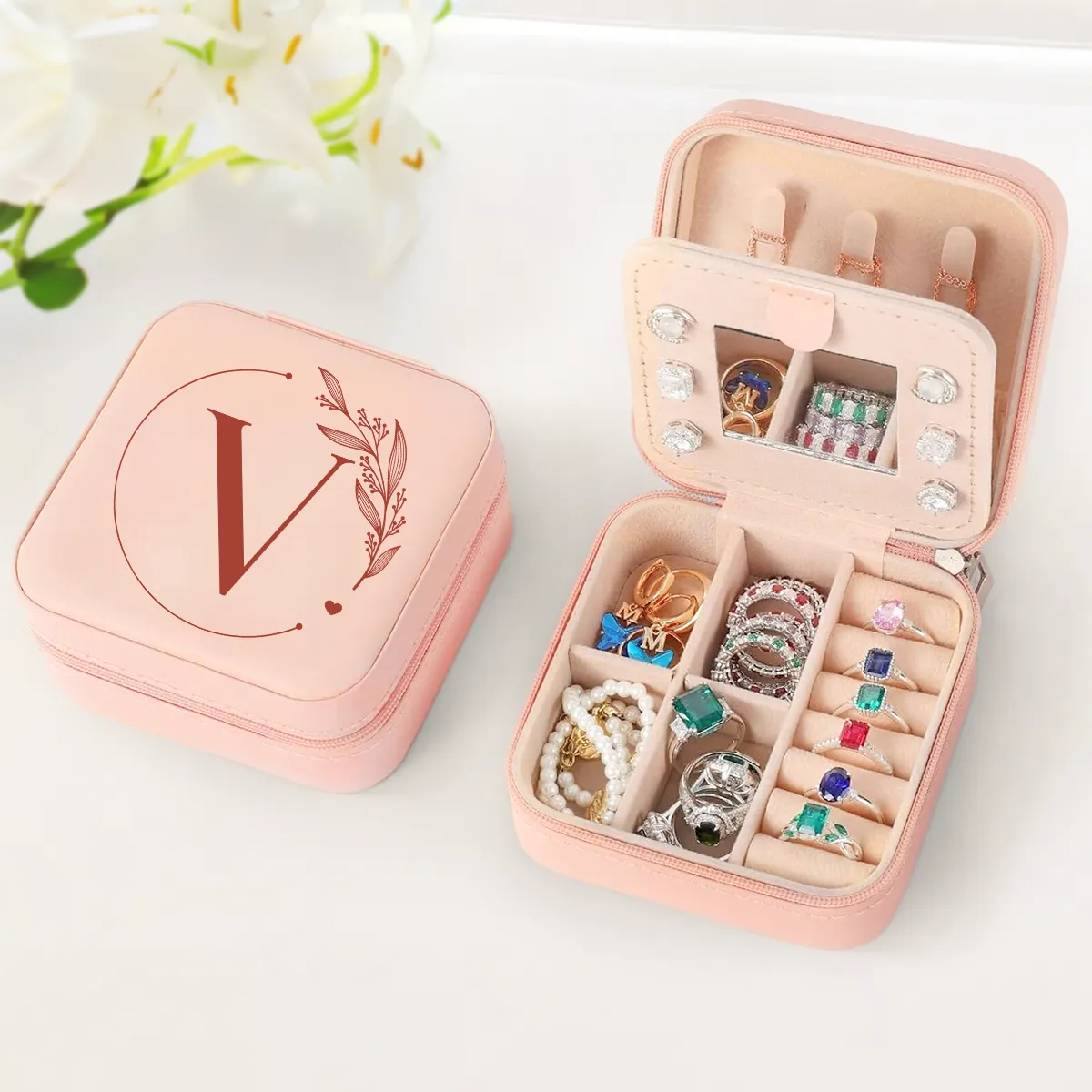 Personalized Jewelry Box, Pink Small Travel Jewelry Box with Initial V, Monogrammed Jewelry Case Organizer for Girls Women Teen, Mini Travel Essentials Gifts for Christmas Birthday