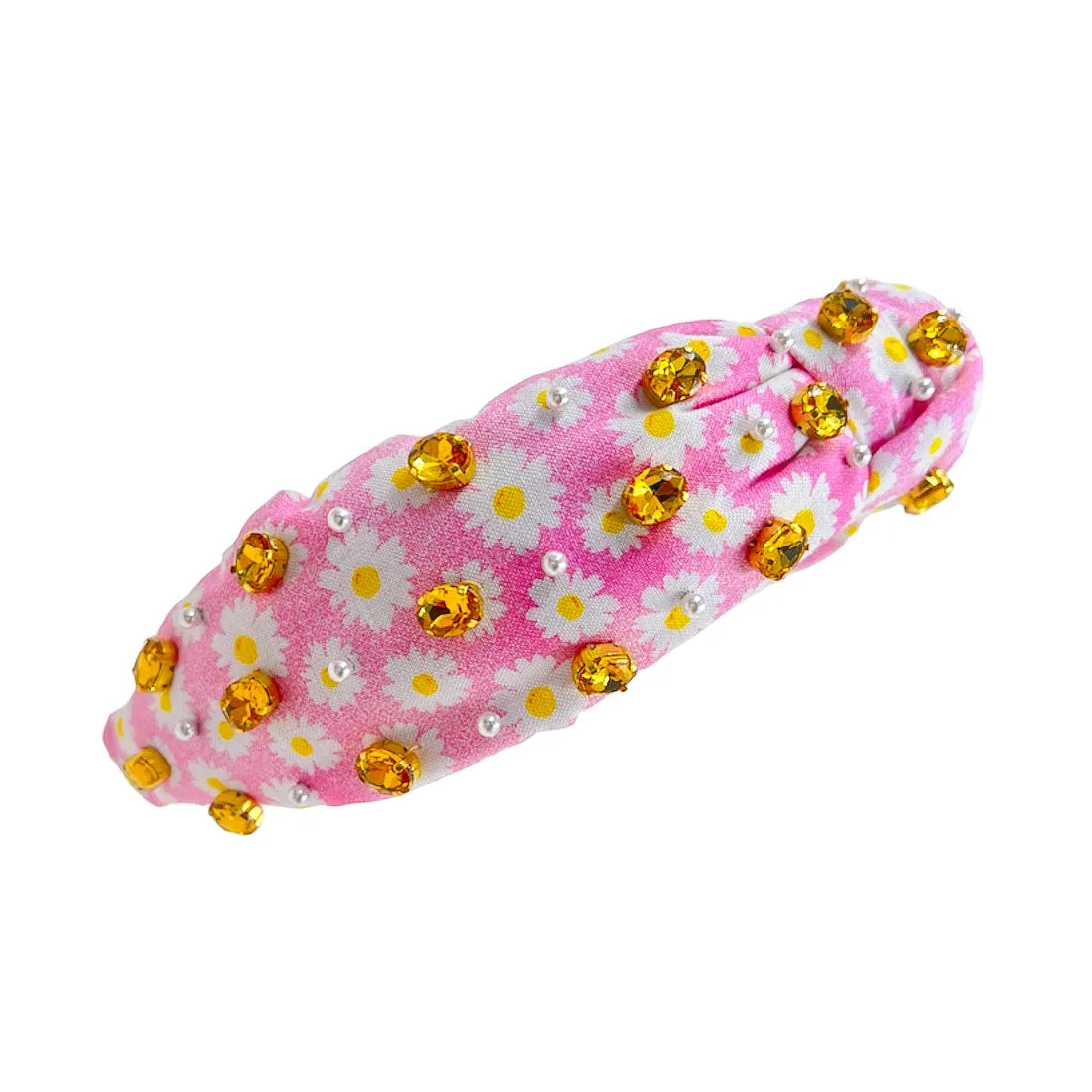 Pink Daisy Print Knotted Embellished Headband