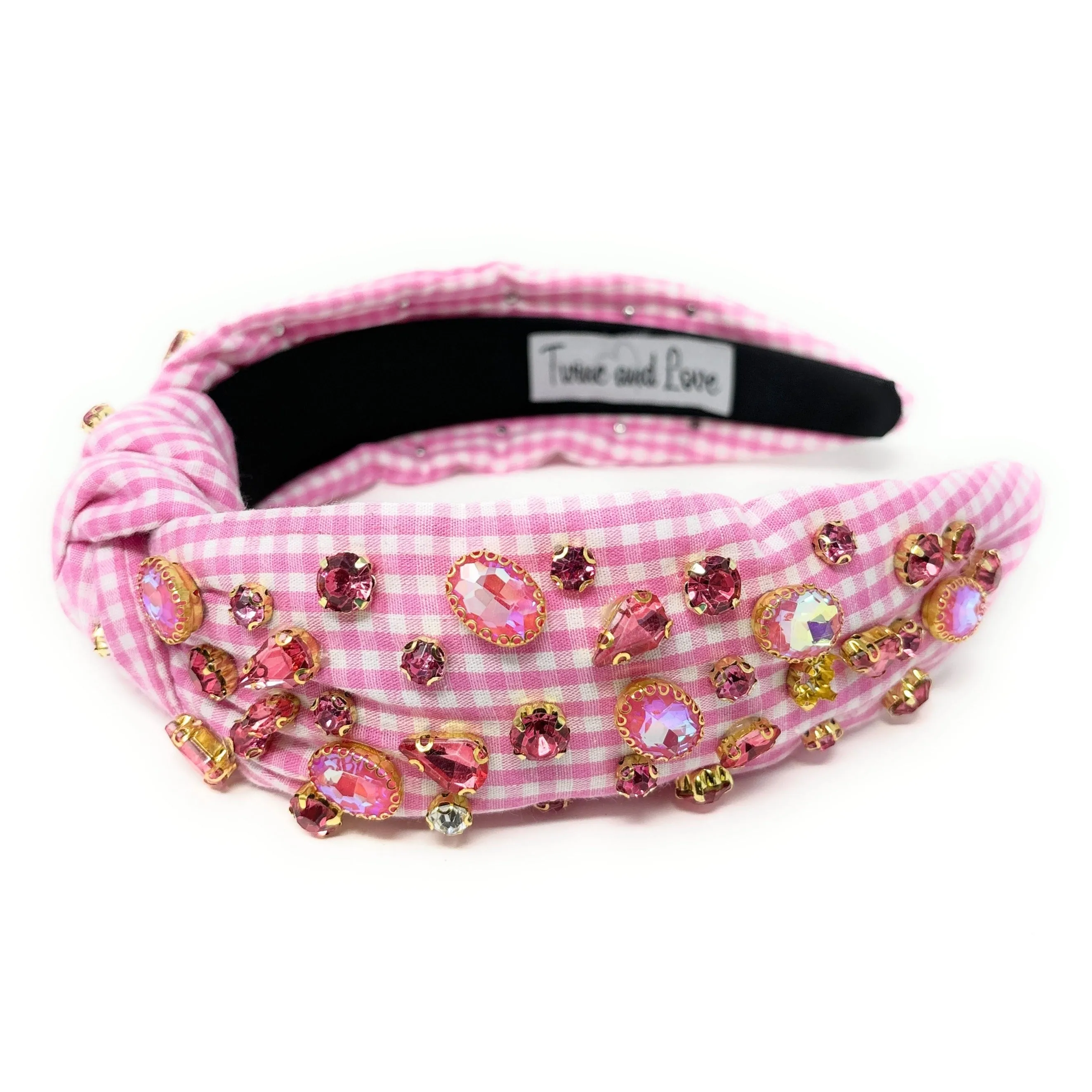 Pink Gingham Jeweled Knot Headband