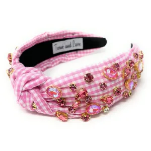 Pink Gingham Jeweled Knot Headband