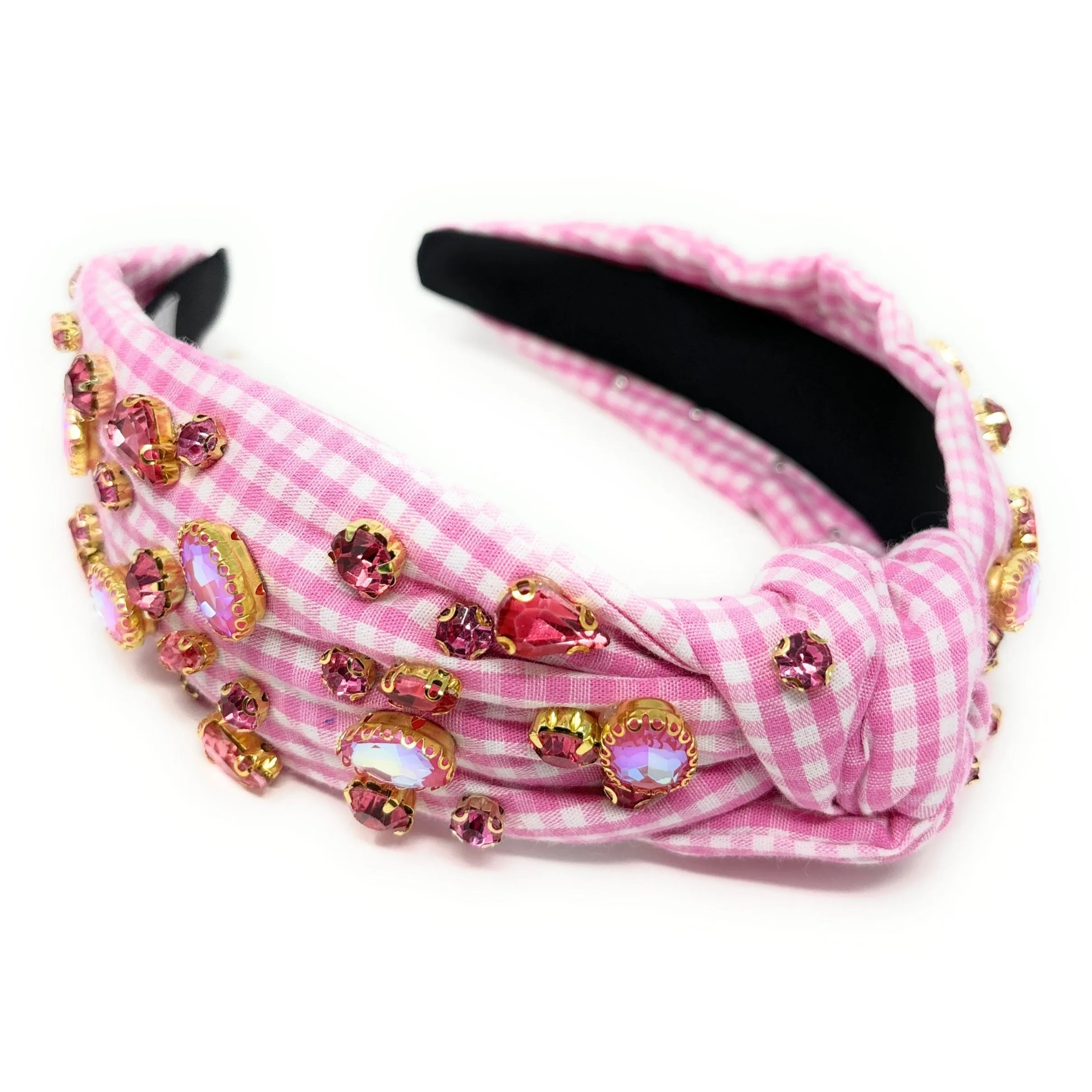 Pink Gingham Jeweled Knot Headband