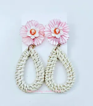 Pink/Orange Floral Cameo Rattan Earrings