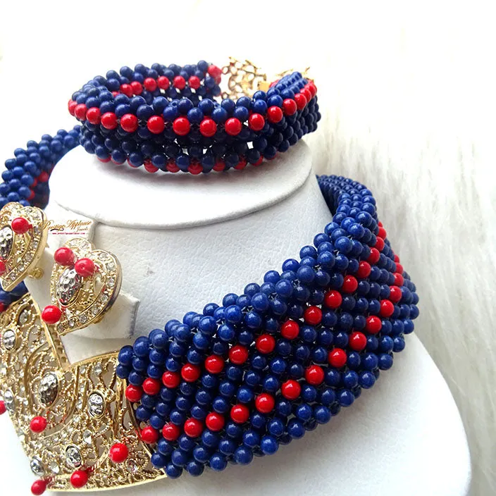 PrestigeApplause Blue infused with Red African Choker Coral Bead Necklace Jewellery Set