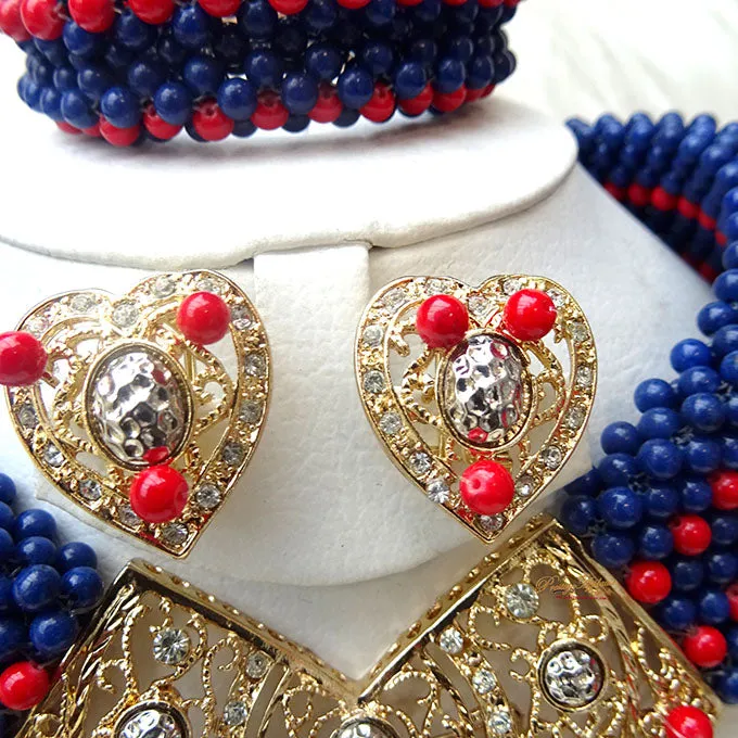 PrestigeApplause Blue infused with Red African Choker Coral Bead Necklace Jewellery Set