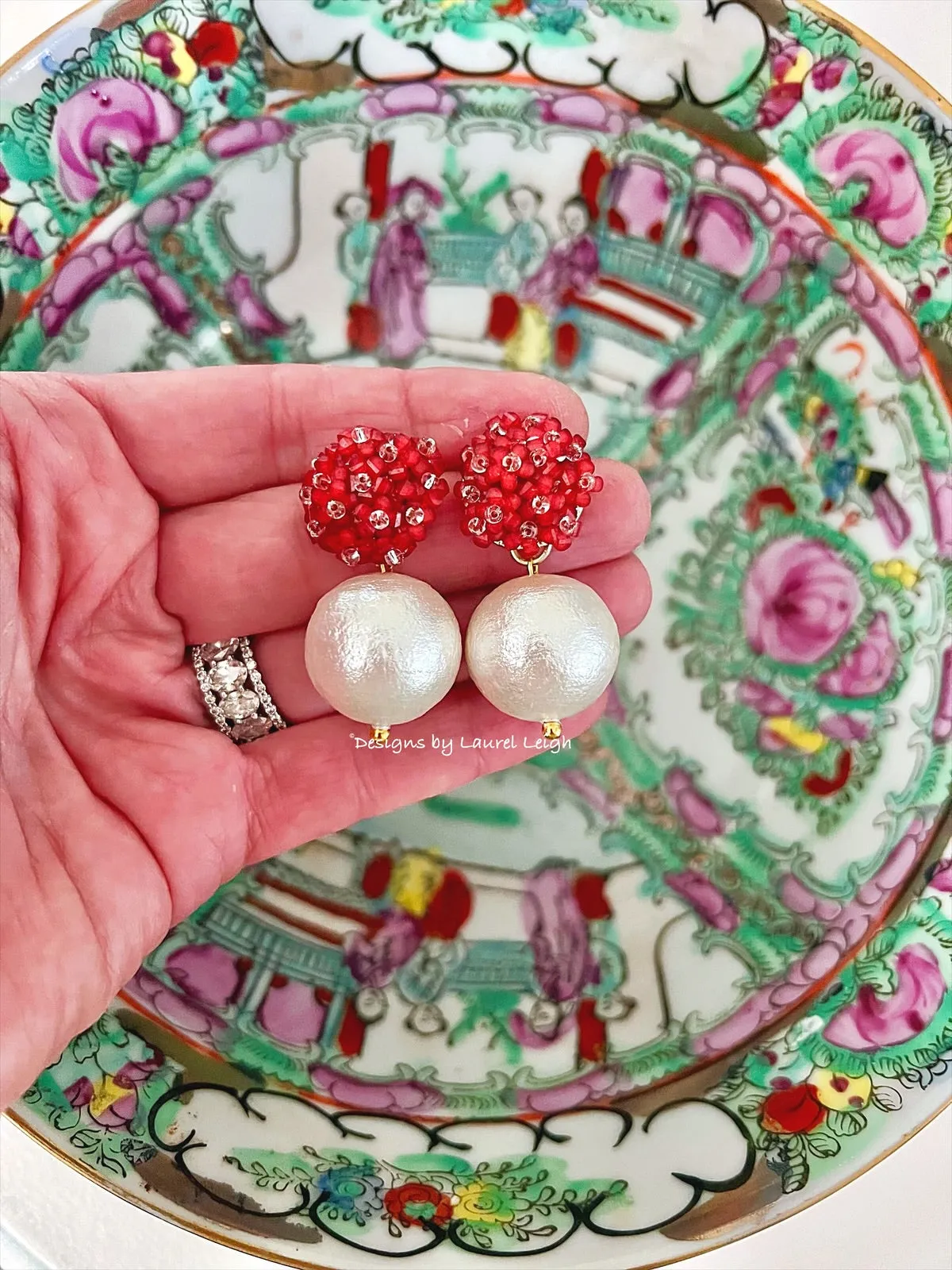 Red Hydrangea Blossom Pearl Drop Earrings