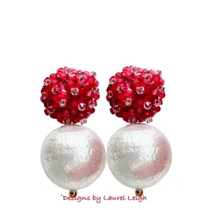 Red Hydrangea Blossom Pearl Drop Earrings